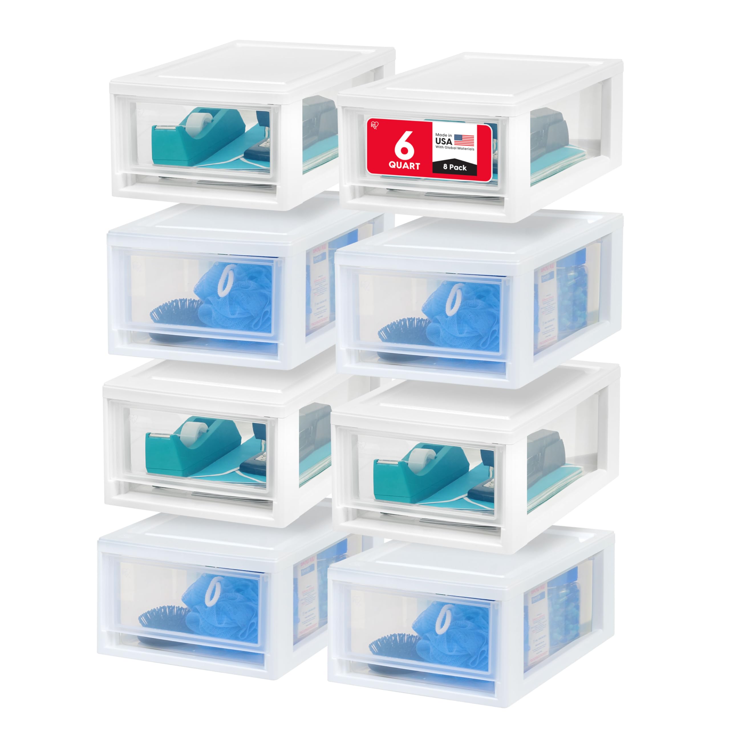 IRIS USA 30 Qt. Plastic Drawer Storage Organizer Stacking Drawers, 2-Pack, Stackable Unit with Sliding Drawer for Clothes Bedroom Kitchen Under Sink Pantry Craft Room Bathroom Dorm Office, White