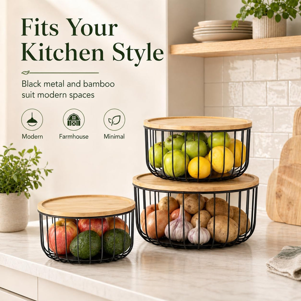3PCS Metal Fruit Basket for Kitchen Counter Stackable Nesting Serving Trays with Bamboo Lids - Round Wire Vegetable Storage Bowls for Onions Potatoes Breads Snacks