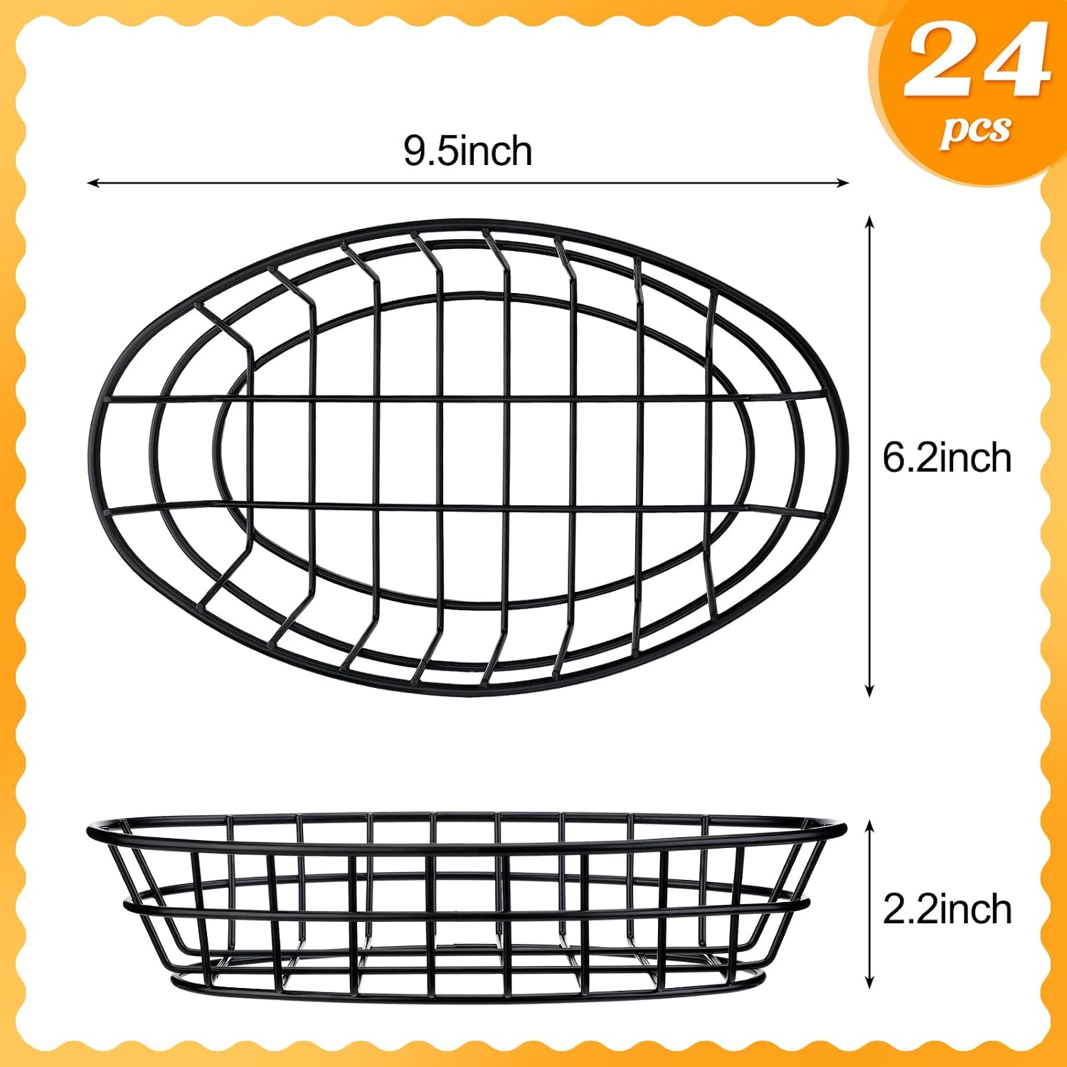 Hushee 24 Pcs Black Wire Fast Food Basket with 100 Sheets Deli Wrapper Paper 9.5 x 6.2 x 2.2 Inches Metal Bread Box Oval Metal Dinner Basket Storage for Kitchen Bread Deli Serving Burger Picnic Party