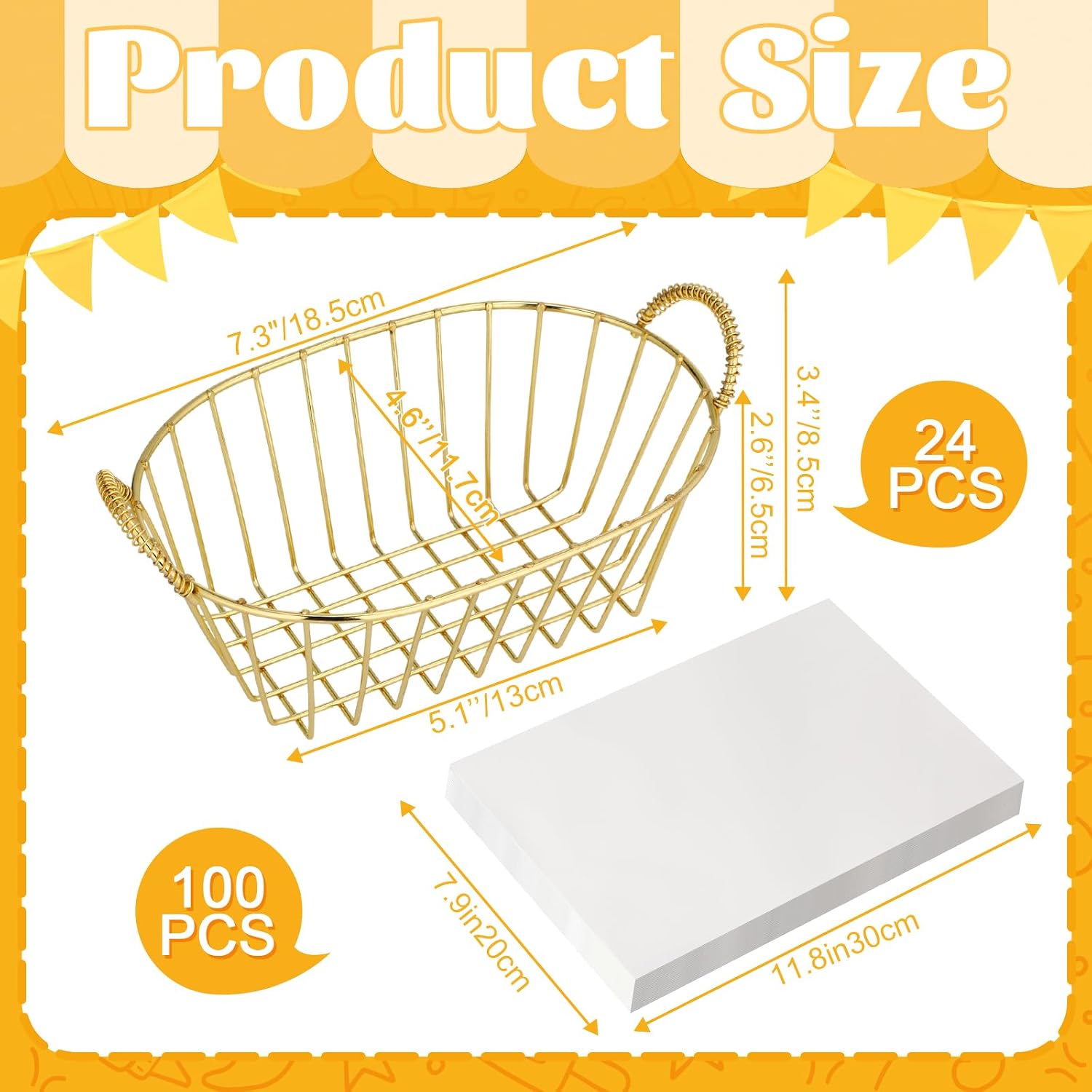 24 Pack Metal Wire Fast Food Baskets with 100 Food Blotting Sheets 7.3 x 4.6 x 3.4 Inch Oval Serving Baskets for Fries, Chicken, Sandwiches, Bread, and Snacks(Gold and White)