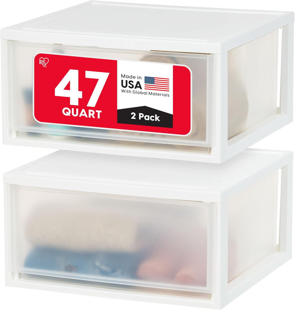 IRIS USA 17 Qt. Medium Plastic Stacking Drawer, Stackable Storage Organizer Unit with Sliding Drawer for Bedroom Kitchen Under Sink Pantry Craft Room Dorm Office, White, 4-Pack