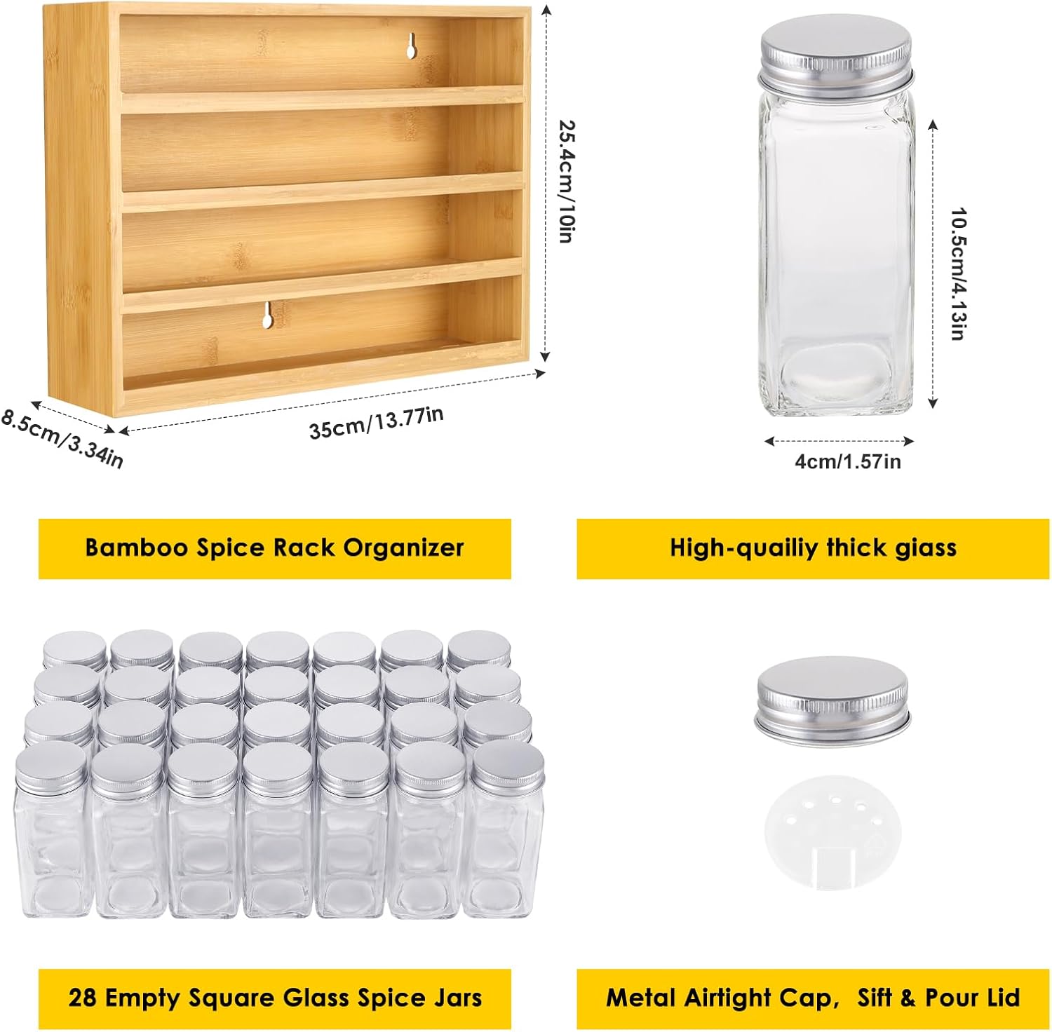 Bamboo Spice Rack Organizer With 28 Spice Jars, 780 Labels, 4 Tier Wood Hanging Shelf, Chalk Marker and Funnel Set for Drawer Cabinet Kitchen Countertop Wall Mount, Empty 4 oz Glass Jar & Shaker Lids