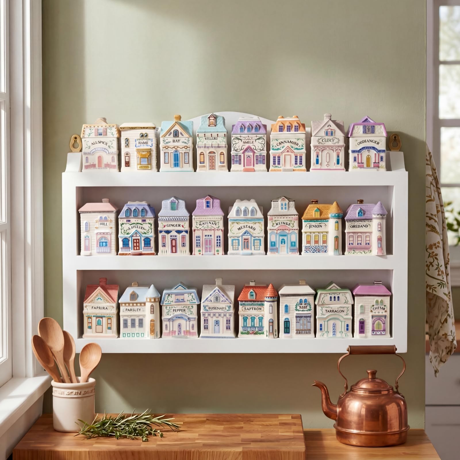 Chunful Spice Jar Wooden Rack Light Oak Farmhouse Spice Shelf for 24 Jars, Village Style Wall Mounting Kitchen Storage Decorative Hanging Display Rack, Shelf Only(20 x 14 Inches)