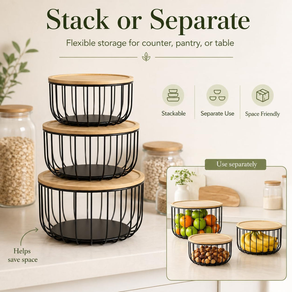 3PCS Metal Fruit Basket for Kitchen Counter Stackable Nesting Serving Trays with Bamboo Lids - Round Wire Vegetable Storage Bowls for Onions Potatoes Breads Snacks