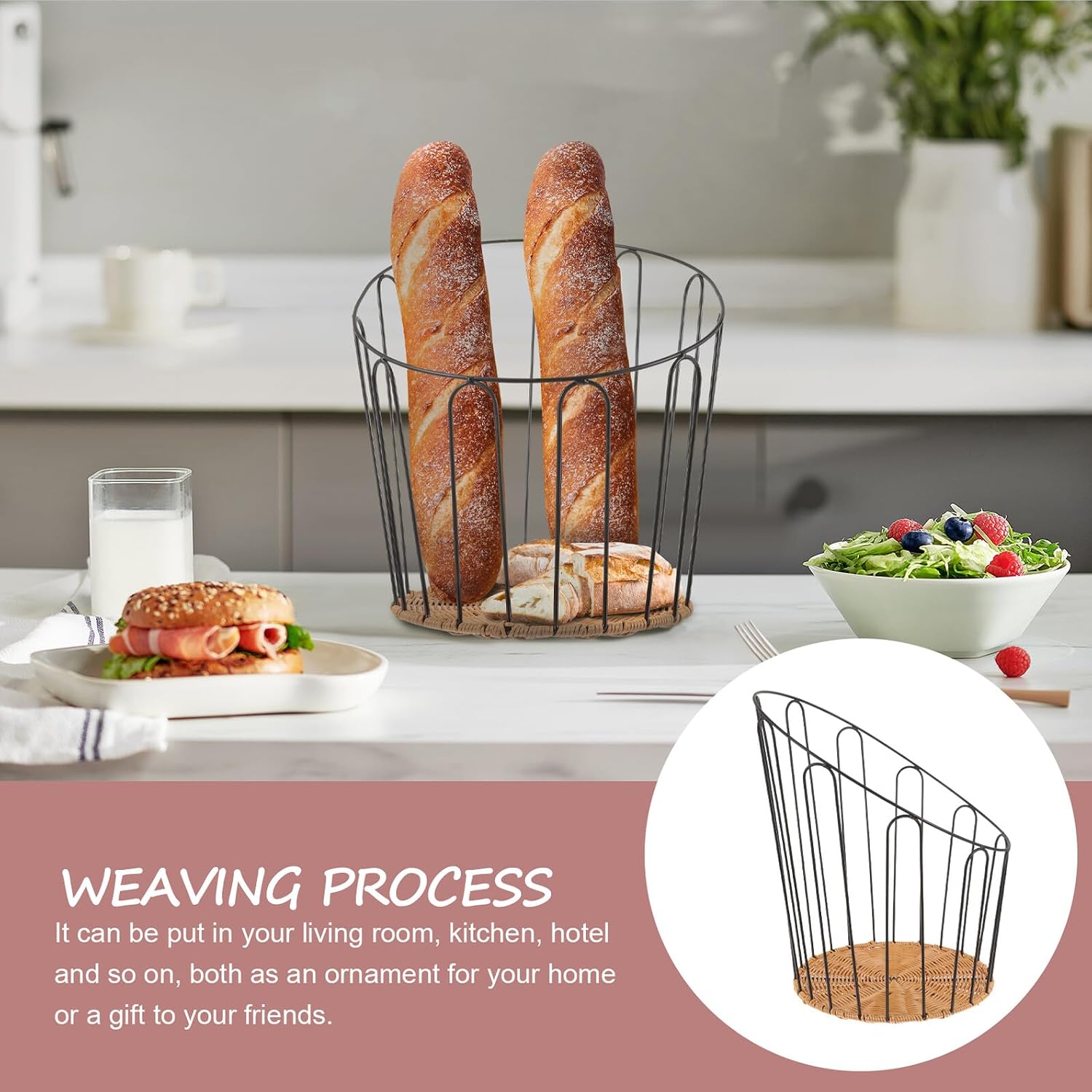 Rustproof Painted Iron Bread Basket with Woven Baguette Design, Small Rustic Bread Serving Basket for Kitchen and Office Storage, Home Bakery Display Tray