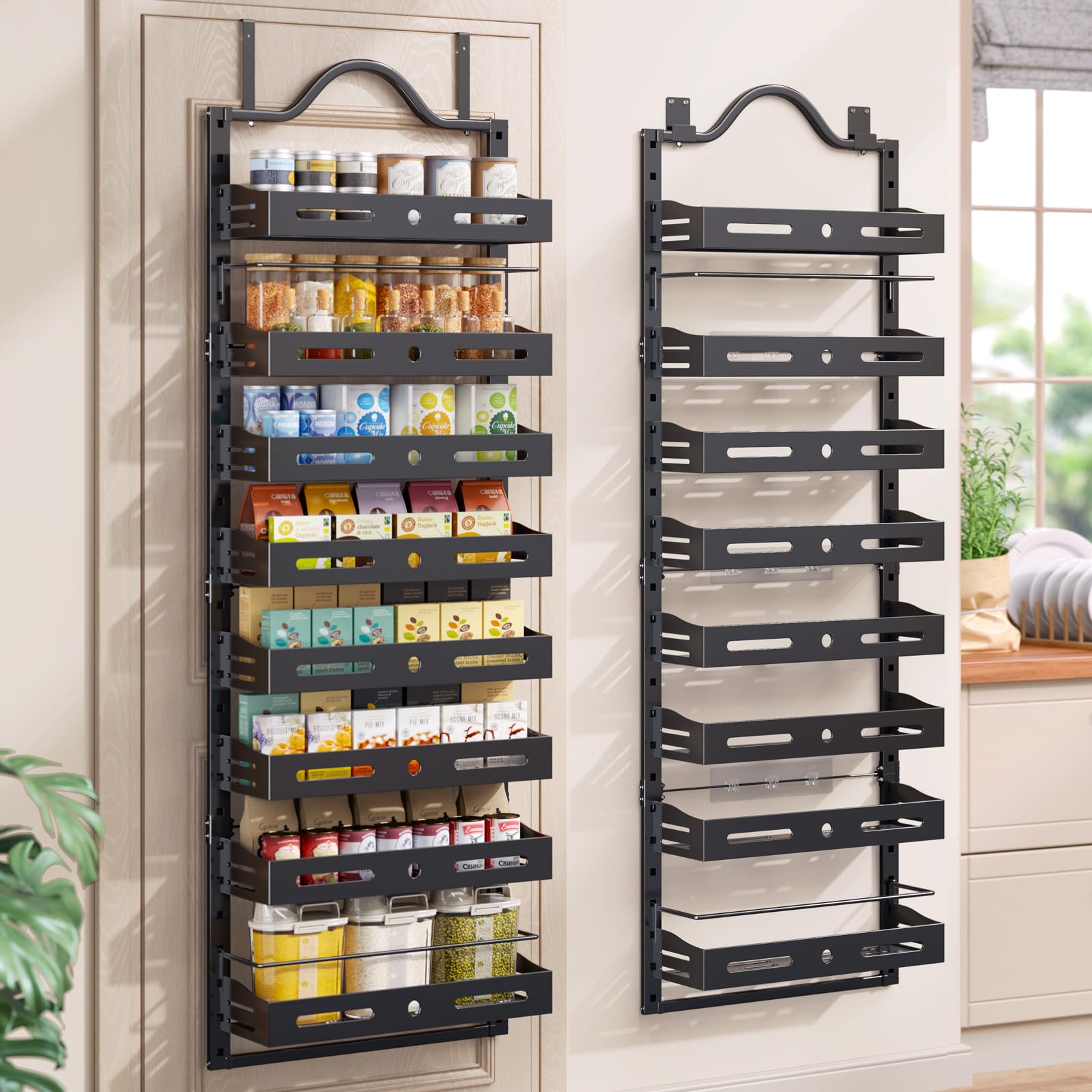 8-Tier Pantry Door Organizer, Over the Door Pantry Organizer with Wooden Adjustable Baskets, 2 IN 1 Spice Rack Wall Mount or Door Organizer, Door Spice Rack for Pantry（72.6×17.1×5.1in,Black)
