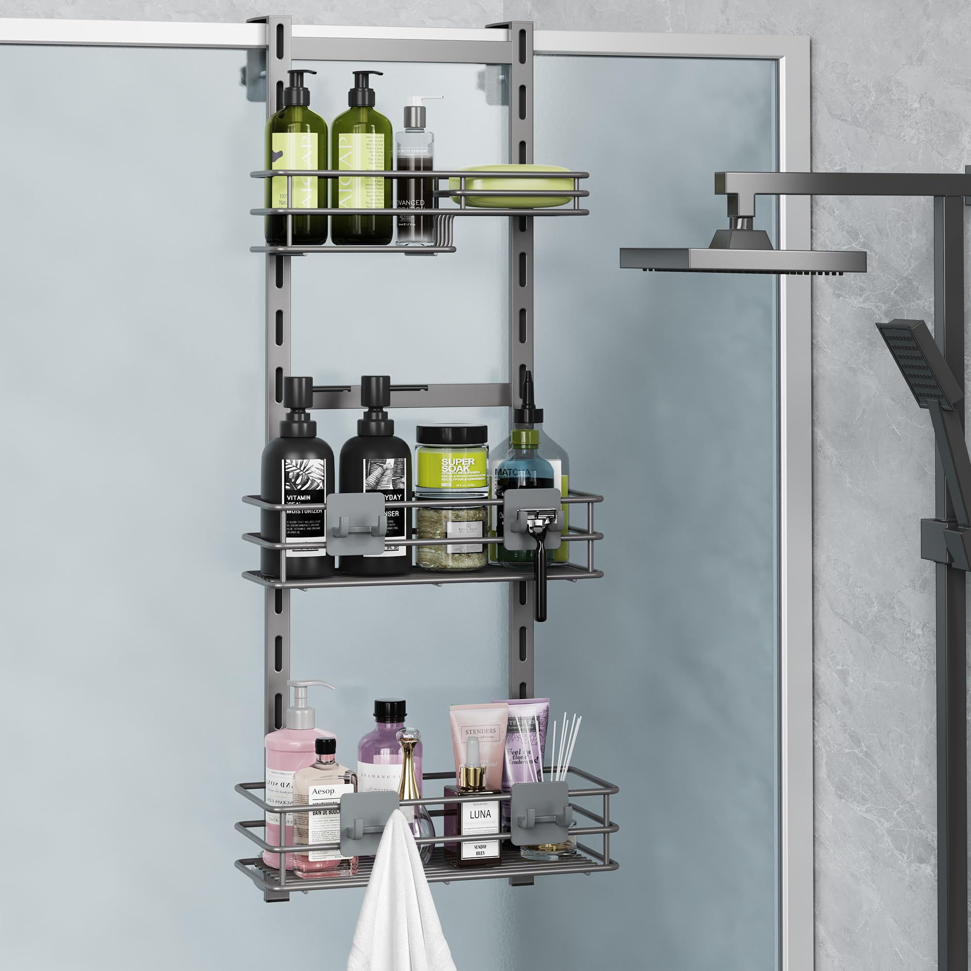 Orimade Over the Door Shower Caddy Adjustable 5 Tier Black,Bathroom Hanging Organizer Shelf Rustproof with 4 Hooks,Shower Basket with Soap Holder and Suction Cup
