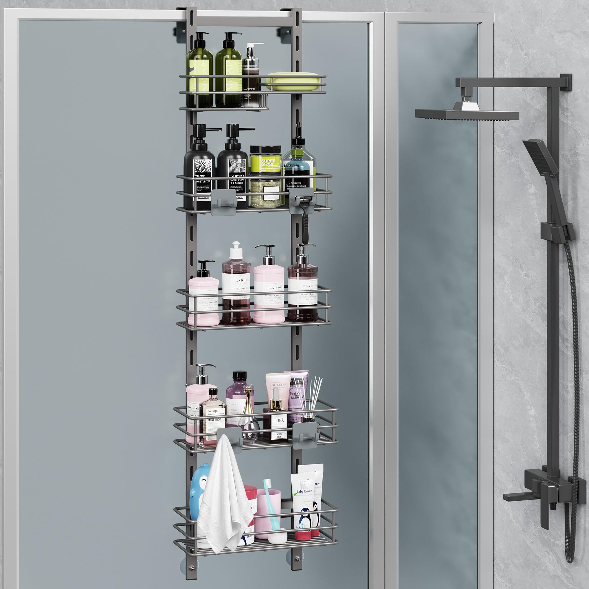 Orimade Over the Door Shower Caddy Adjustable 5 Tier Black,Bathroom Hanging Organizer Shelf Rustproof with 4 Hooks,Shower Basket with Soap Holder and Suction Cup