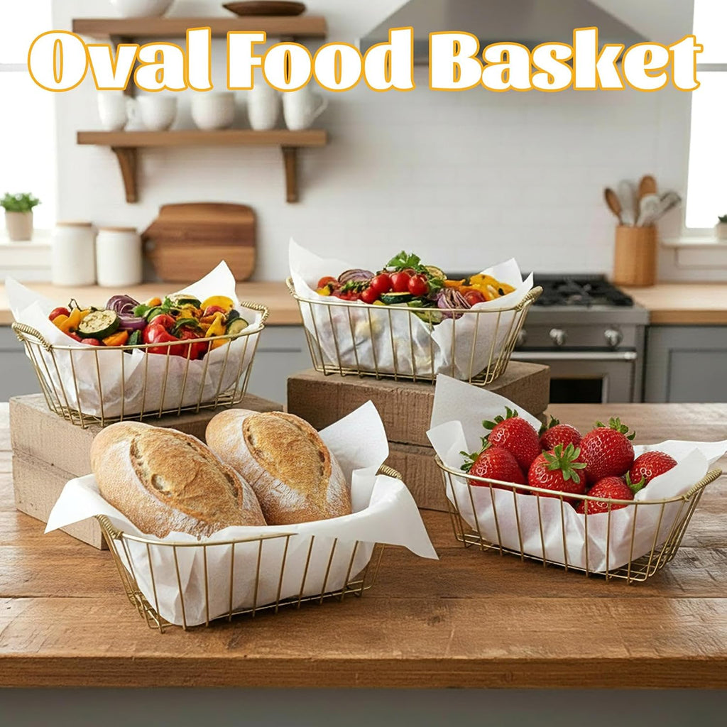 24 Pack Metal Wire Fast Food Baskets with 100 Food Blotting Sheets 7.3 x 4.6 x 3.4 Inch Oval Serving Baskets for Fries, Chicken, Sandwiches, Bread, and Snacks(Gold and White)