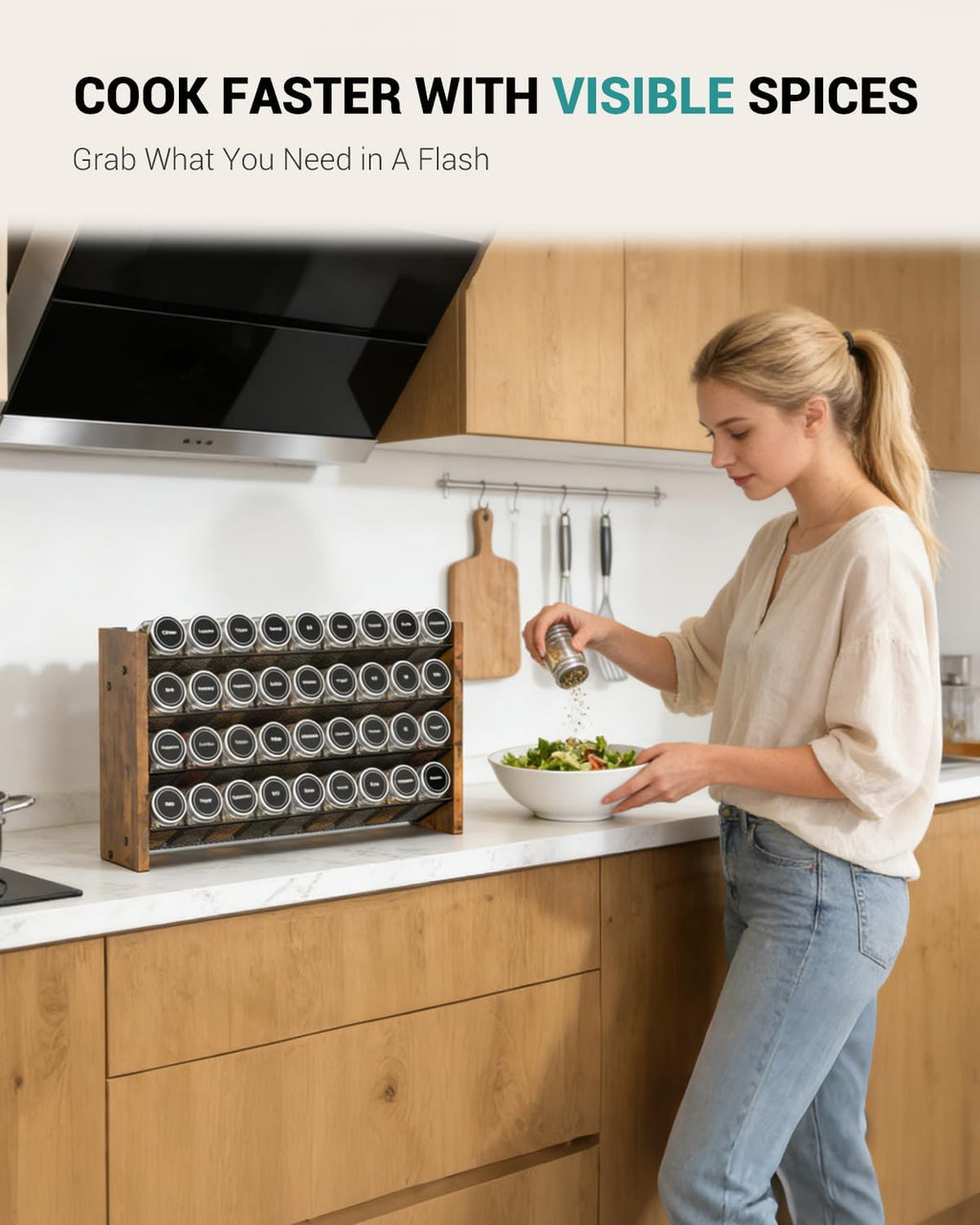 NESAPTO Spice Rack Organizer for Cabinet, Wood 4-Tier Vertical Seasoning Organizer, Wall Mount or Countertop Spice Shelf, Holds 36 Jars (No Jars Included), 17.2" W x 10.3" H