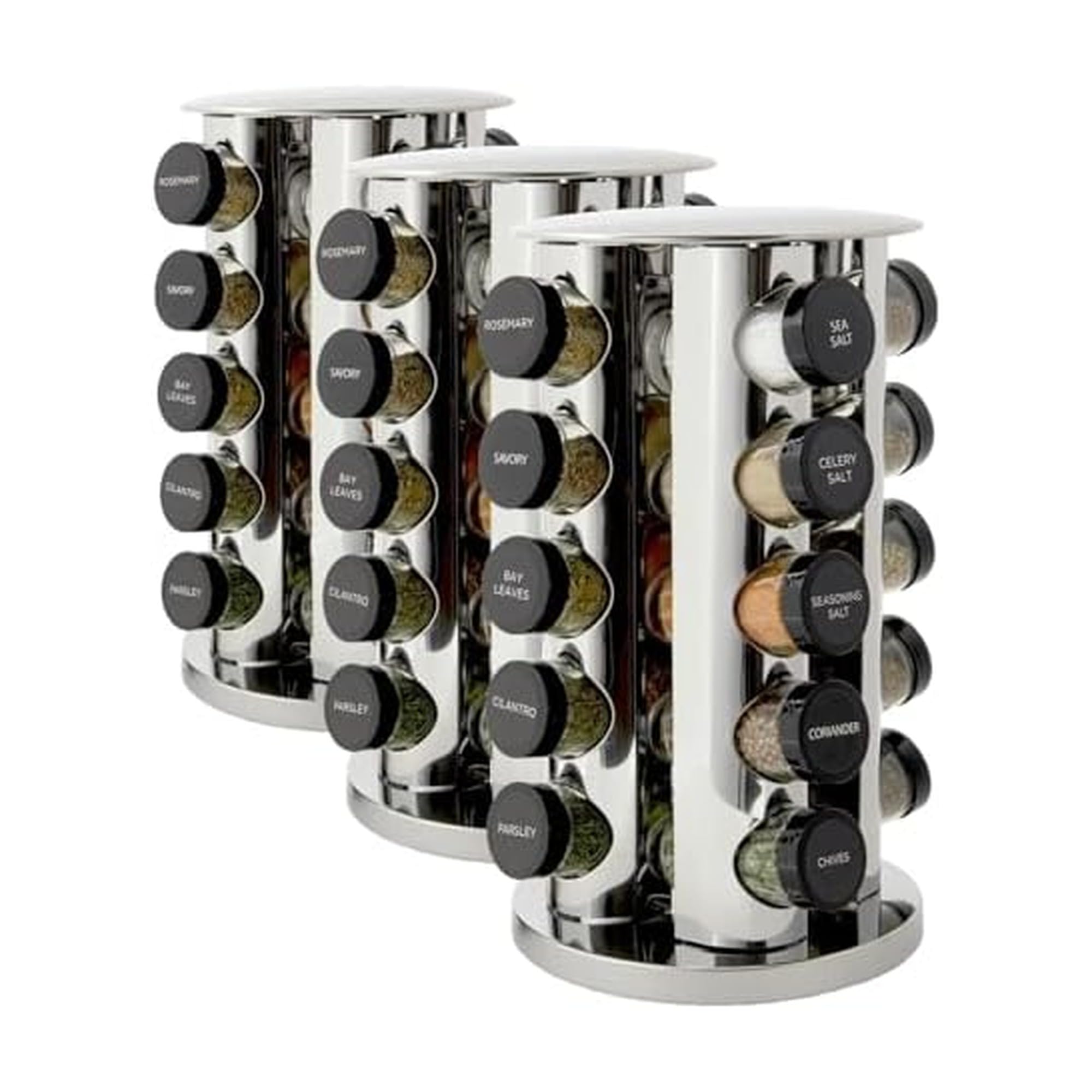 Kamenstein 20 Jar Vintage Revolving Countertop Spice Rack Organizer with Spices Included, FREE Spice Refills for 5 Years, Wood and Stainless Steel with Metal Caps