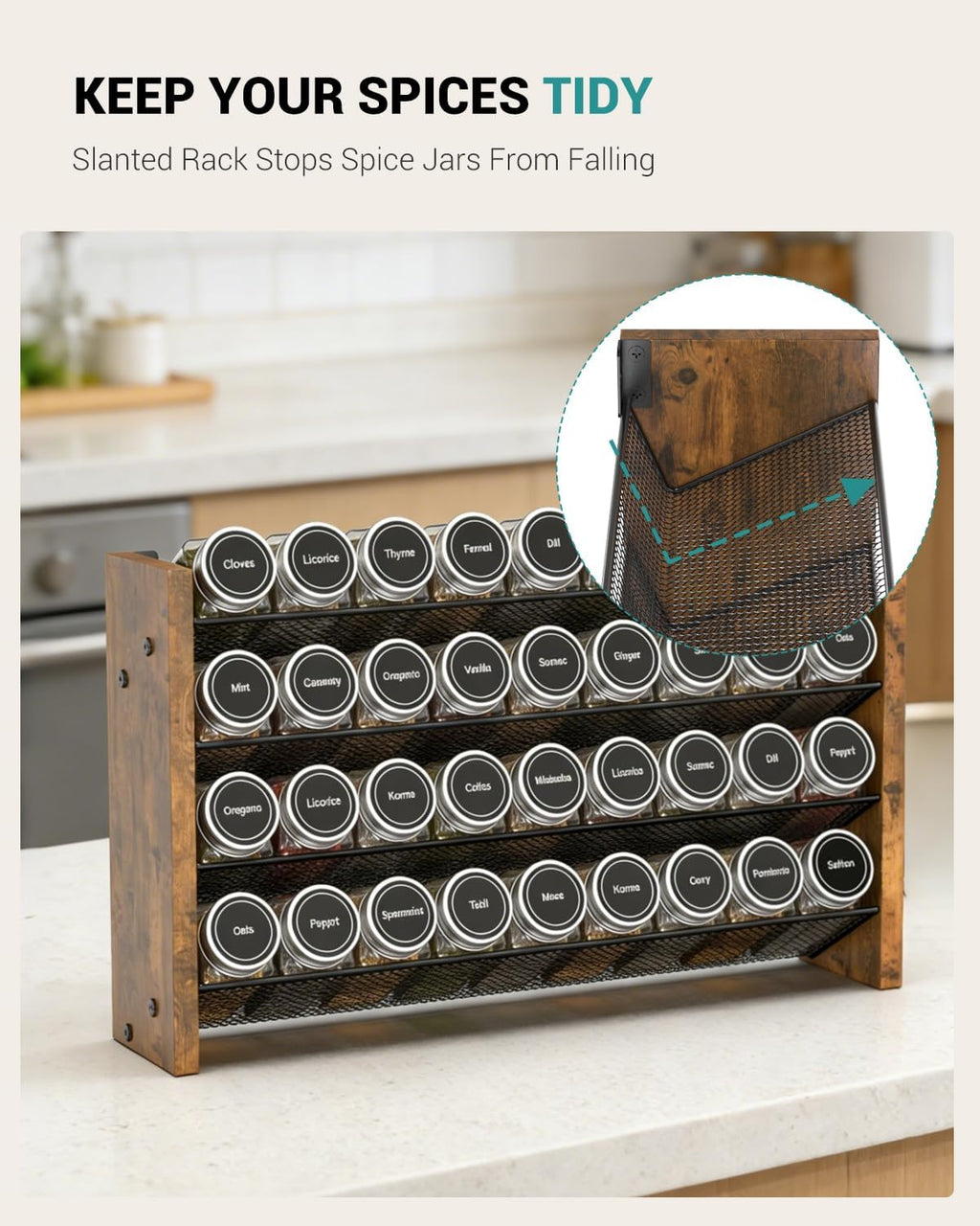 NESAPTO Spice Rack Organizer for Cabinet, Wood 4-Tier Vertical Seasoning Organizer, Wall Mount or Countertop Spice Shelf, Holds 36 Jars (No Jars Included), 17.2" W x 10.3" H