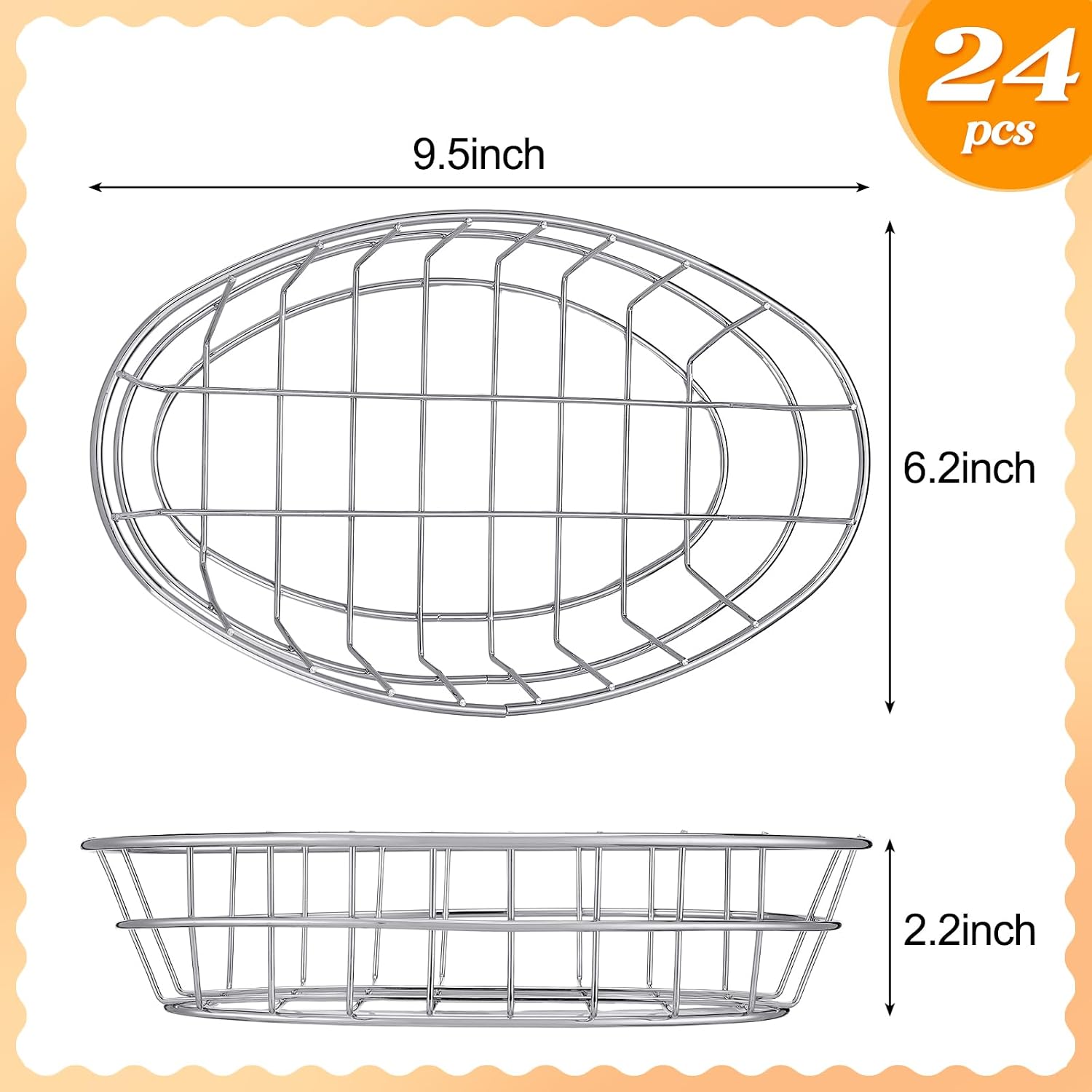 Hushee 24 Pcs Silver Wire Fast Food Basket with 100 Sheets Deli Wrapper Paper 9.5 x 6.2 x 2.2 Inches Metal Bread Box Oval Metal Dinner Basket Storage for Kitchen Bread Deli Serving Burger Picnic Party