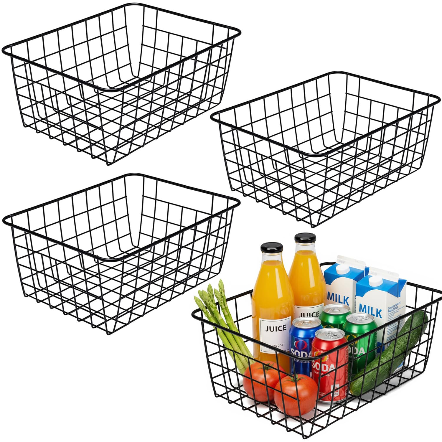 Kitchen Wire Baskets Farmhouse Decor Metal Food Storage Organizer,Household Refrigerator Bin with Built-in Handles for Cabinets,Pantry,Bathroom,Black