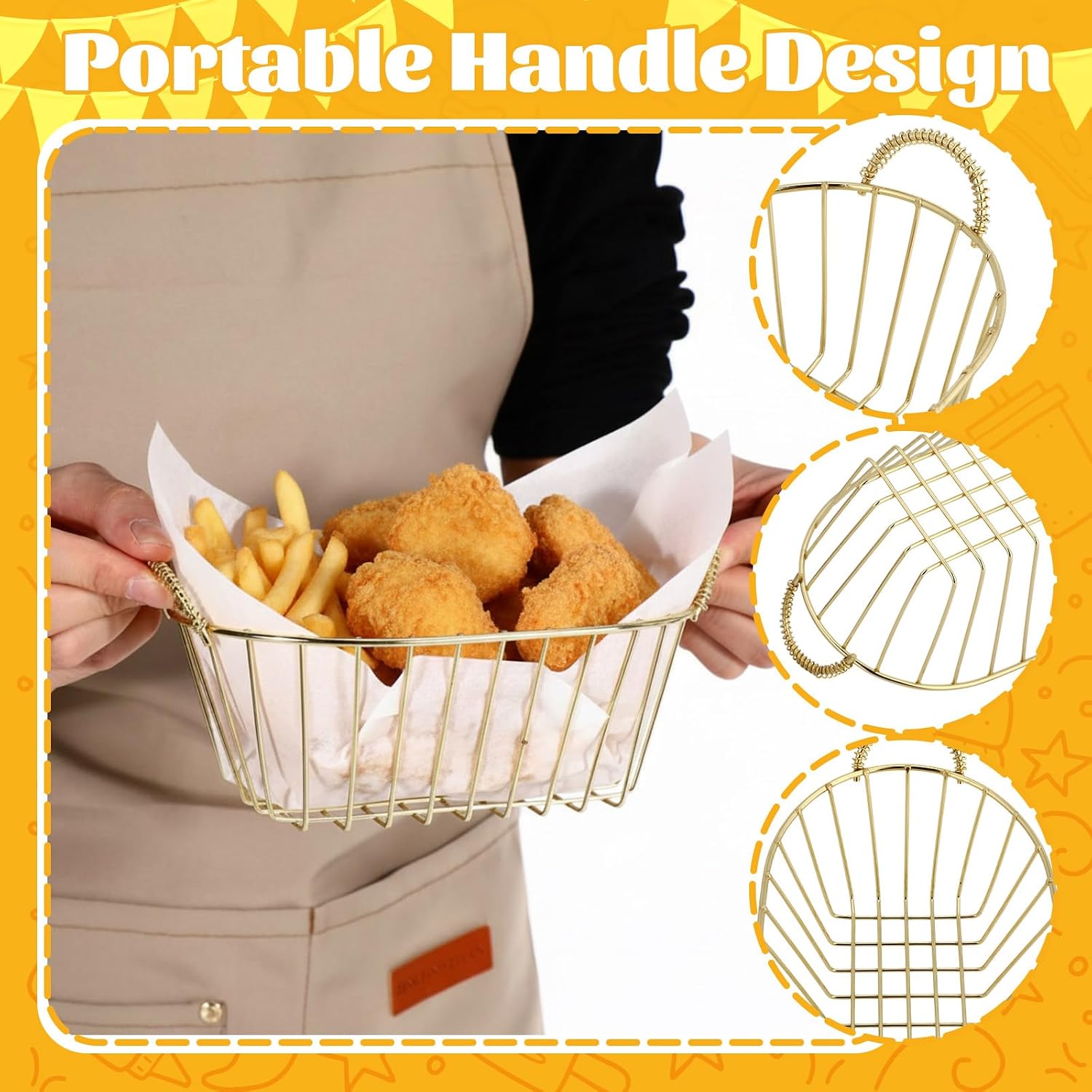 24 Pack Metal Wire Fast Food Baskets with 100 Food Blotting Sheets 7.3 x 4.6 x 3.4 Inch Oval Serving Baskets for Fries, Chicken, Sandwiches, Bread, and Snacks(Gold and White)
