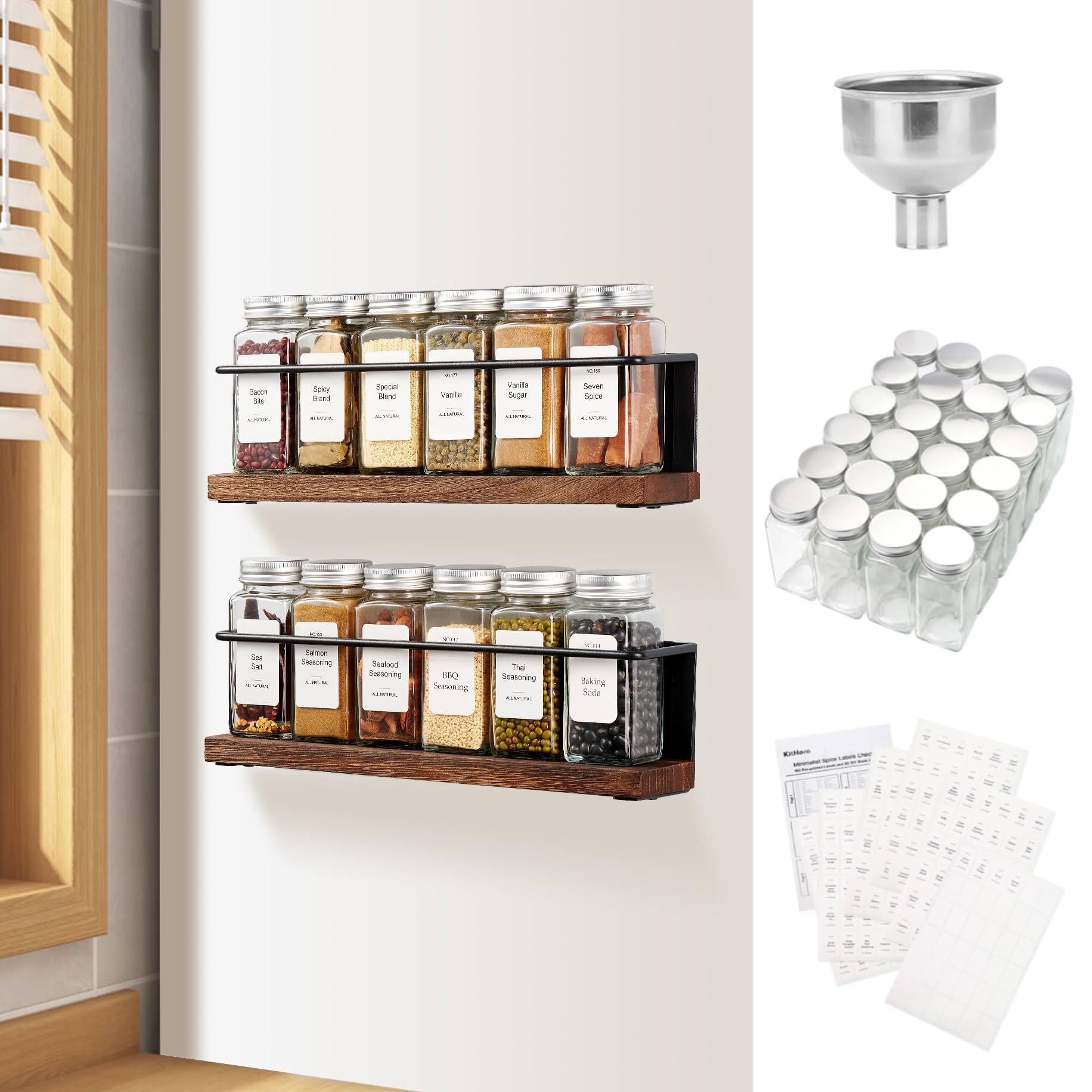 Wooden Lid Magnetic Spice Rack with 24 Jars, 216 Labels, 1 Steel Funnel for Refrigerator，Microwave Oven - Full Set of Spice Organizer