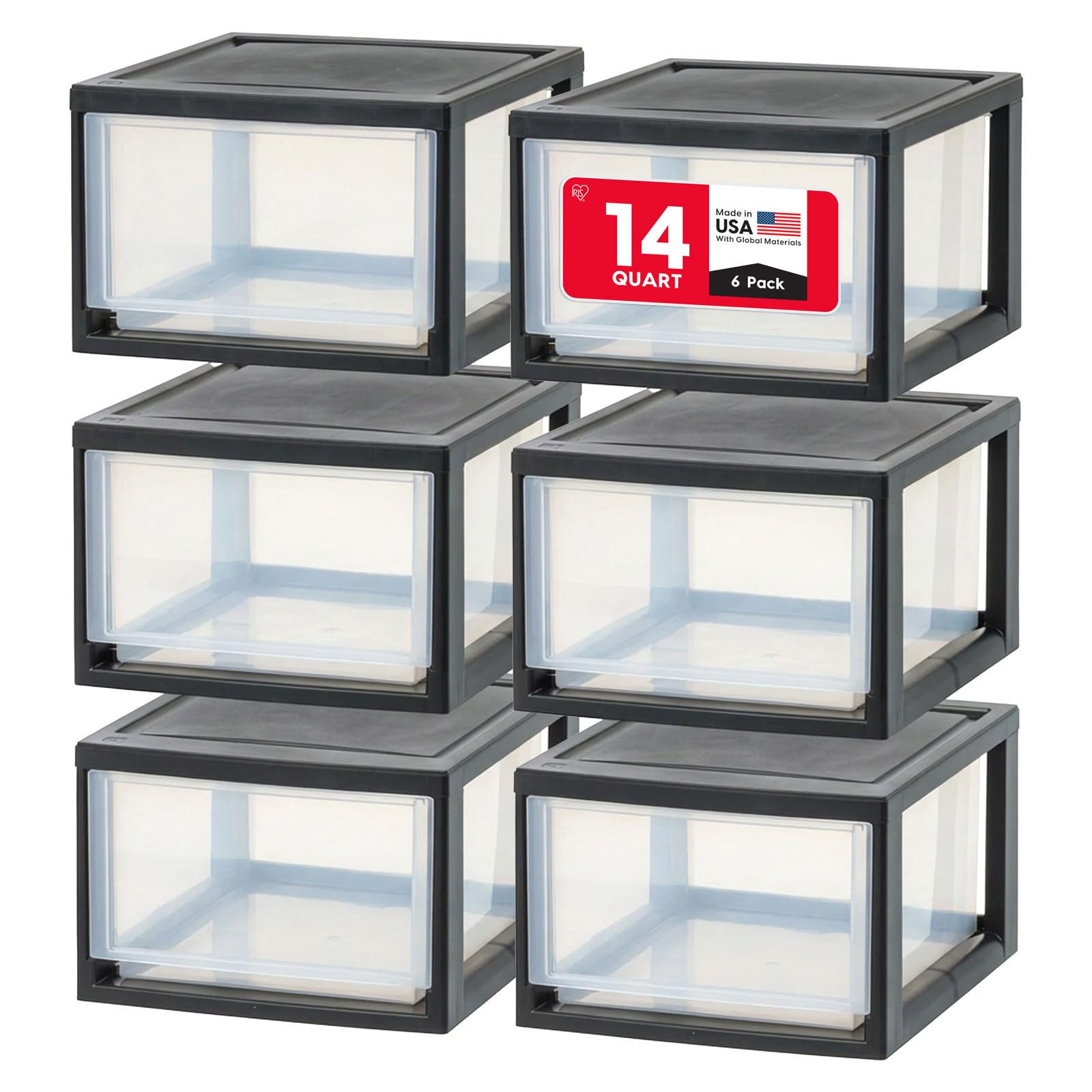 IRIS USA 30 Qt. Plastic Drawer Storage Organizer Stacking Drawers, 2-Pack, Stackable Unit with Sliding Drawer for Clothes Bedroom Kitchen Under Sink Pantry Craft Room Bathroom Dorm Office, Black