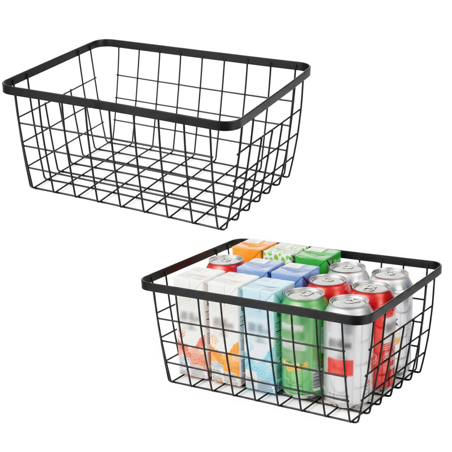 Kitchen Wire Baskets Farmhouse Decor Metal Food Storage Organizer,Household Refrigerator Bin with Built-in Handles for Cabinets,Pantry,Bathroom,Black