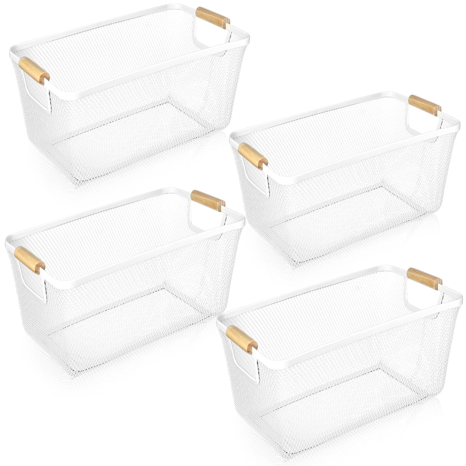 Ziliny 4 Pcs Metal Mesh Wire Baskets with Wooden Handles for Organizing, Pantry Organizers and Storage Steel Bin Kitchen Baskets for Fruit Potato Onion Snacks Bathroom Cabinet(Medium,Cream White)