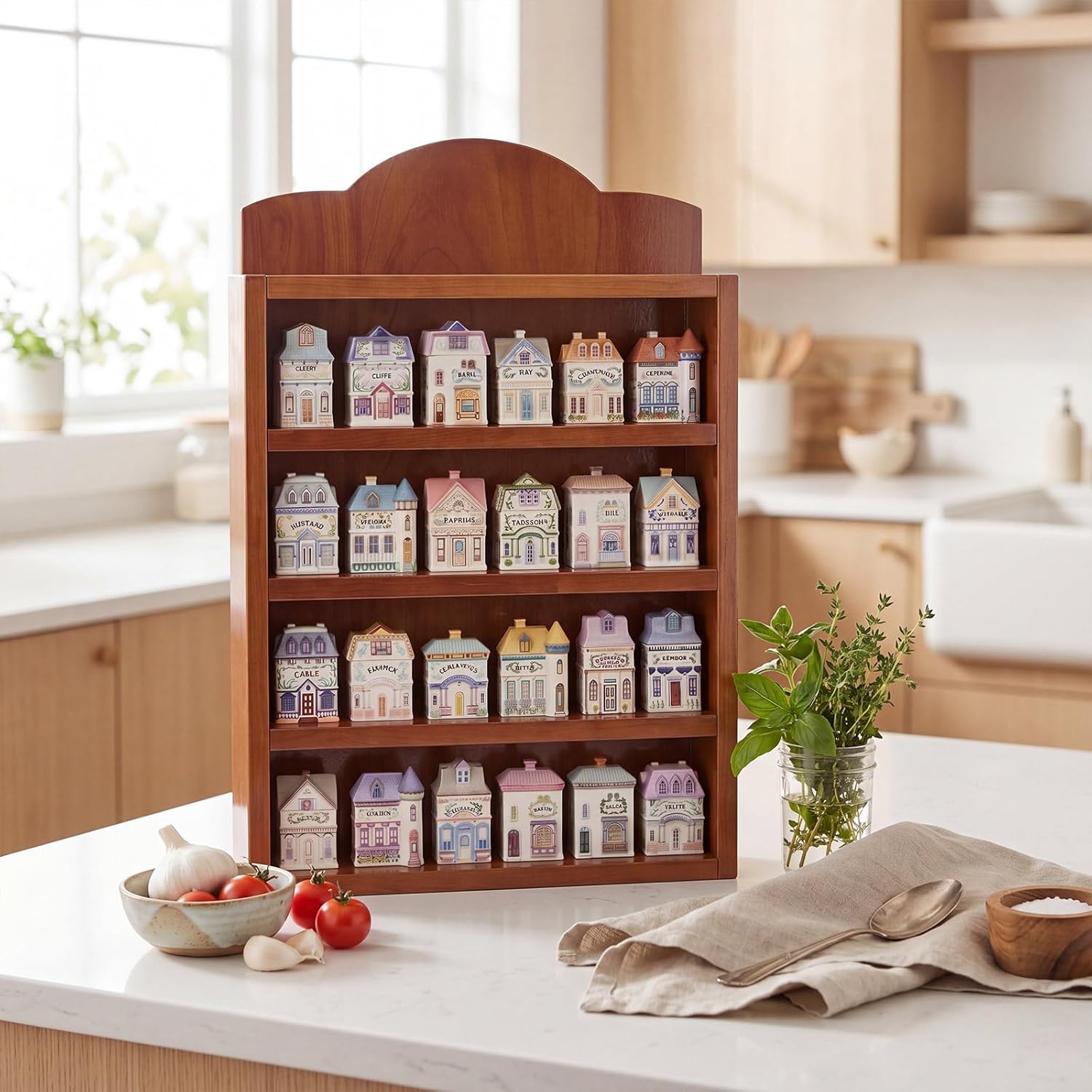 Chunful Vintage Spice Jar Wooden Rack Warm Brown Natural Spice Shelf for 24 Jars, Village Style Wall Mounting Kitchen Storage Decorative Hanging Display Rack, Shelf Only