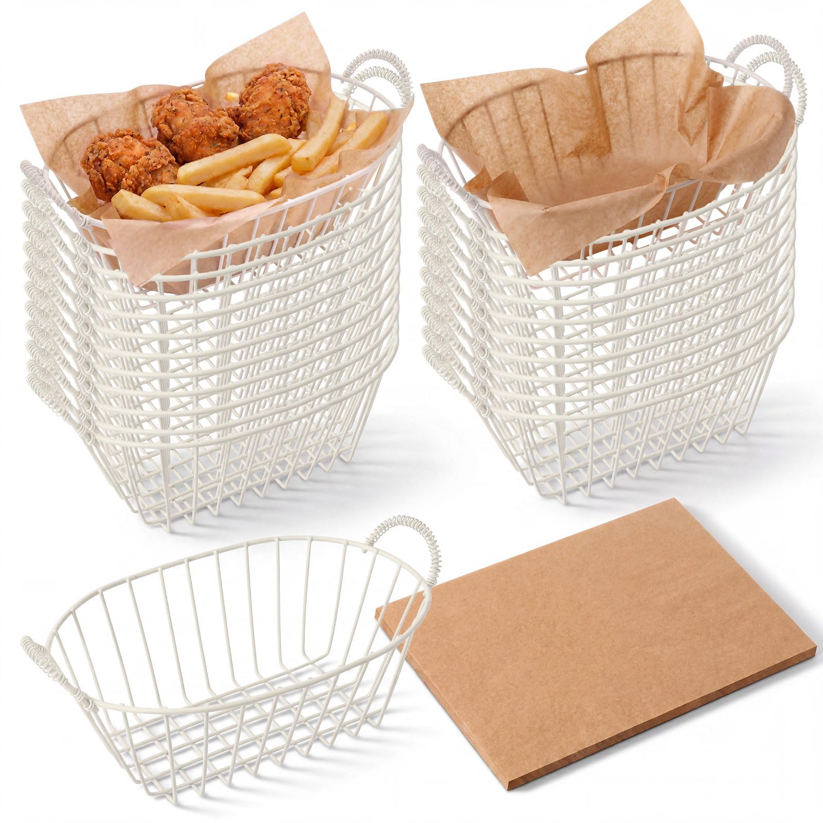 24 Pack Metal Wire Fast Food Baskets with 100 Food Blotting Sheets 7.3 x 4.6 x 3.4 Inch Oval Serving Baskets for Fries, Chicken, Sandwiches, Bread, and Snacks(Gold and White)