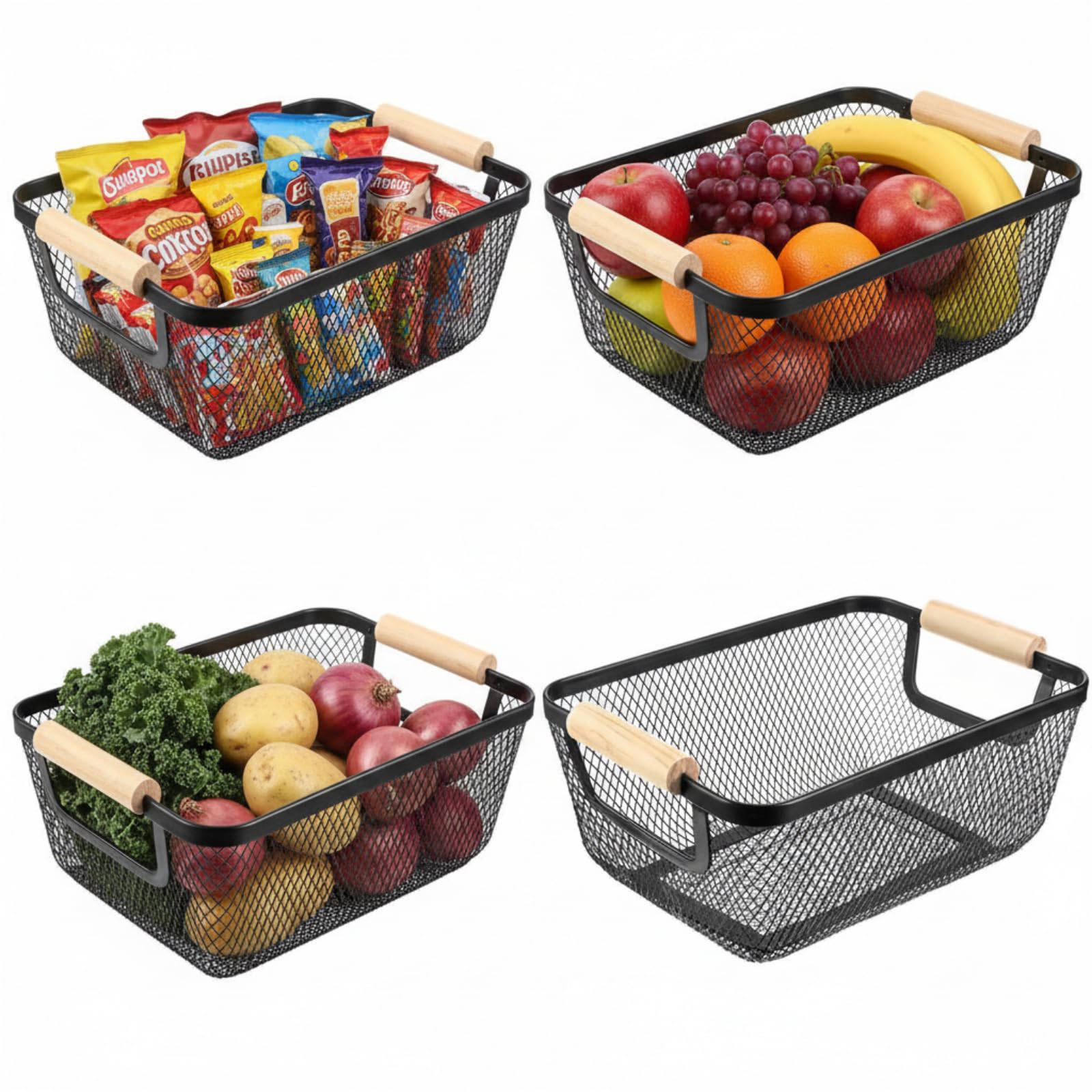 Ziliny 4 Pcs Metal Mesh Wire Baskets with Wooden Handles for Organizing, Pantry Organizers and Storage Steel Bin Kitchen Baskets for Fruit Potato Onion Snacks Bathroom Cabinet(Medium,Cream White)