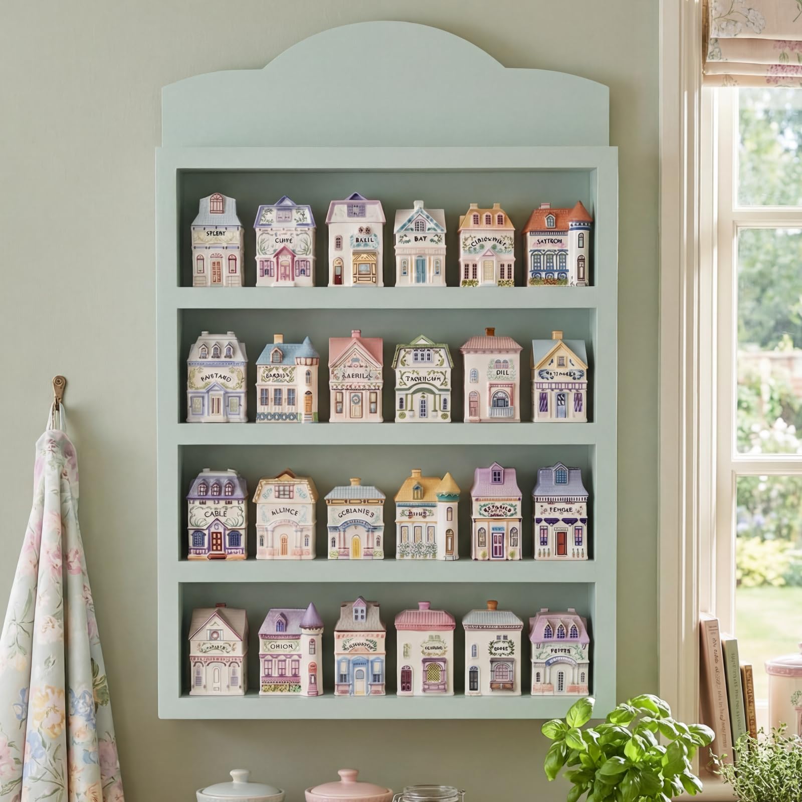 Chunful Vintage Spice Jar Wooden Rack Green Cottagecore Spice Shelf for 24 Jars, Village Style Wall Mounting Kitchen Storage Decorative Hanging Display Rack, Shelf Only