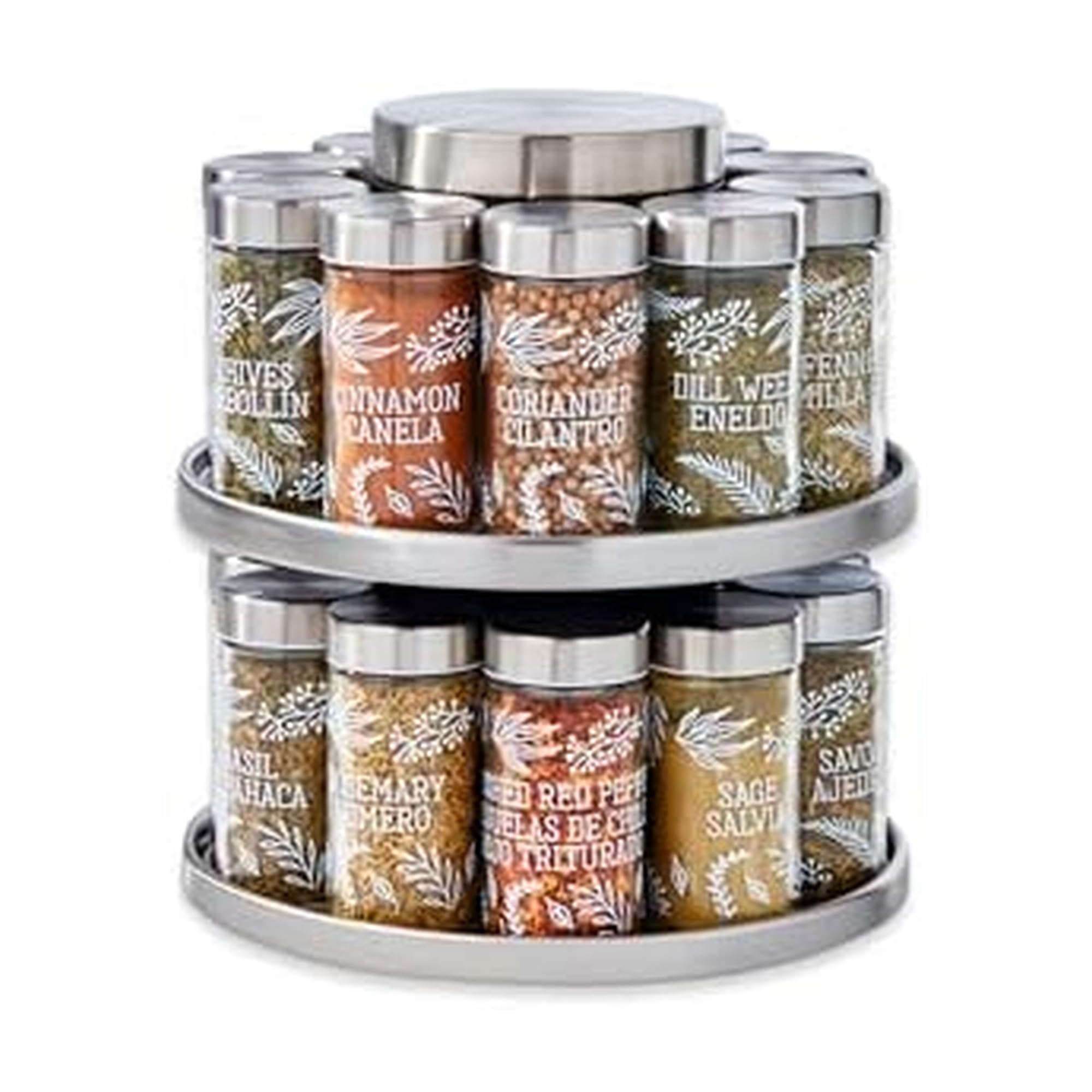 Kamenstein 20 Jar Vintage Revolving Countertop Spice Rack Organizer with Spices Included, FREE Spice Refills for 5 Years, Wood and Stainless Steel with Metal Caps