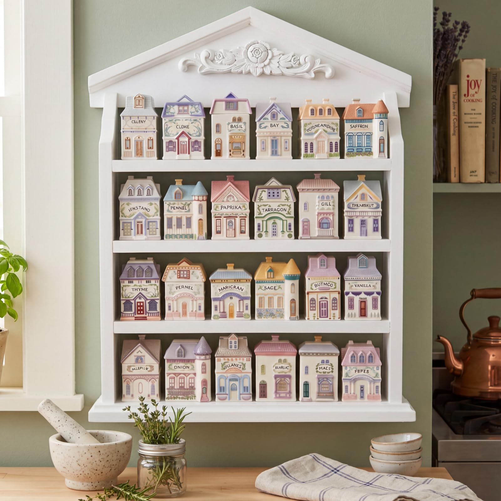 Chunful Vintage Spice Jar Wooden Rack with 4 Tier Hanging Spice Rack Wall Mounting Kitchen Storage Village Style Display Shelf for 24 Jar, Christmas Wedding Bridal Gift, Shelf Only(Stylish)