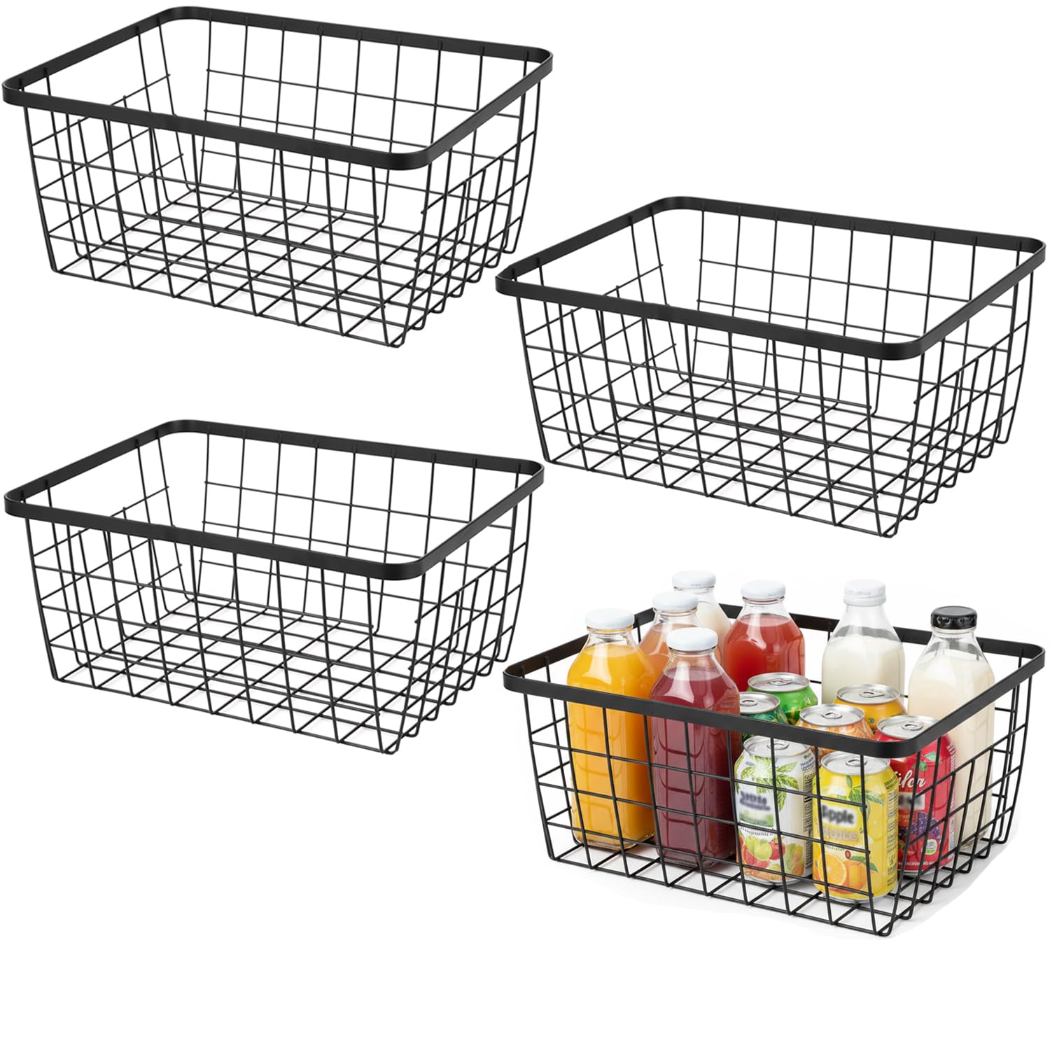Kitchen Wire Baskets Farmhouse Decor Metal Food Storage Organizer,Household Refrigerator Bin with Built-in Handles for Cabinets,Pantry,Bathroom,Black