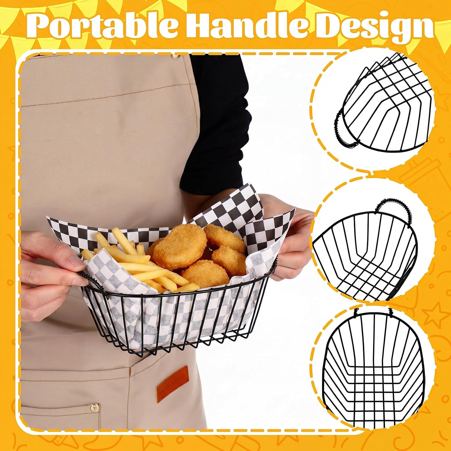 24 Pack Wire Bread Basket Set with 100 Plaid Food Blotting Sheets 7.3x4.6x3.4 Inch Metal Fast Food Baskets for Bread, Fruit, Sandwich, Fried Chicken, French Fries, Potato Chips (Black)