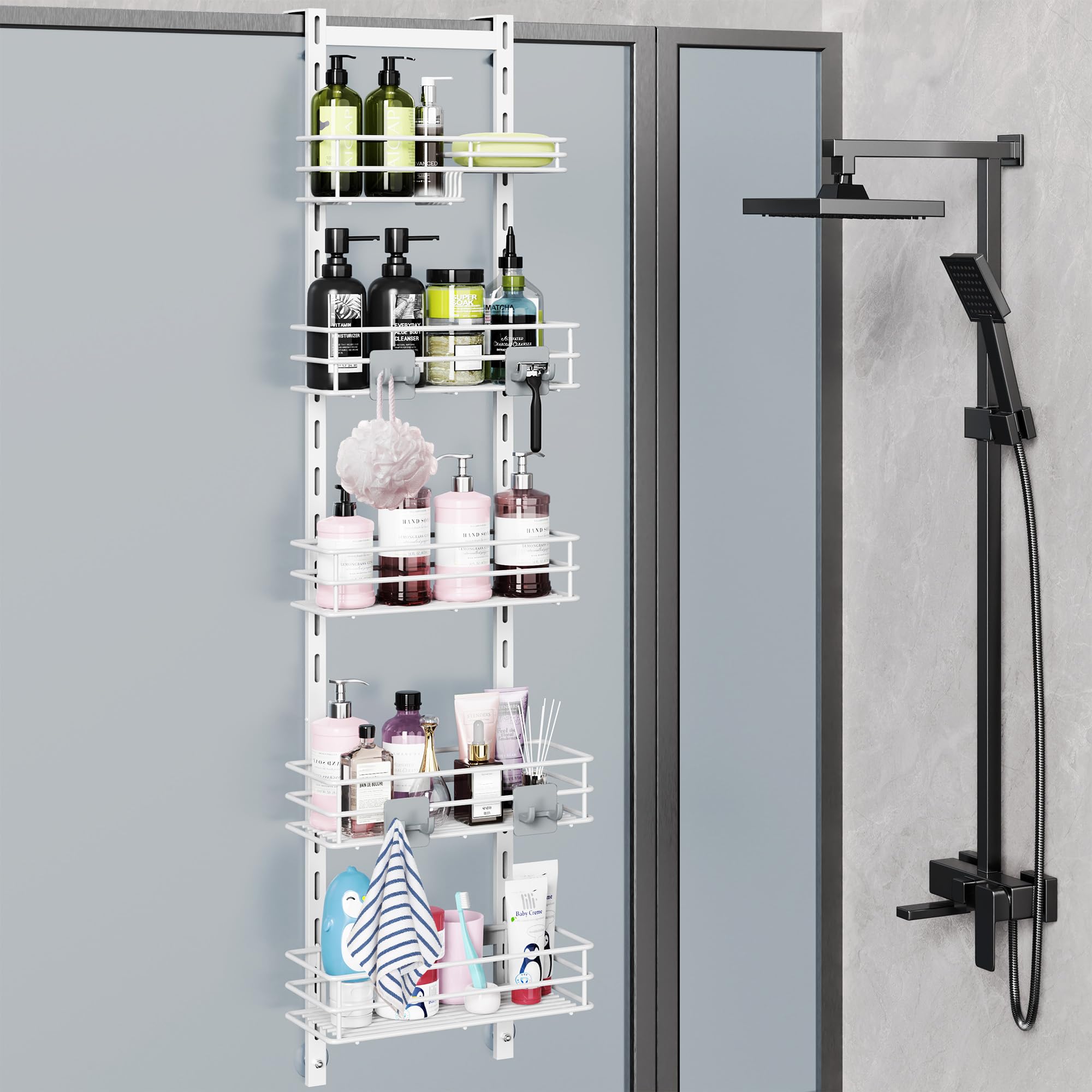 Orimade Over the Door Shower Caddy Adjustable 5 Tier Black,Bathroom Hanging Organizer Shelf Rustproof with 4 Hooks,Shower Basket with Soap Holder and Suction Cup