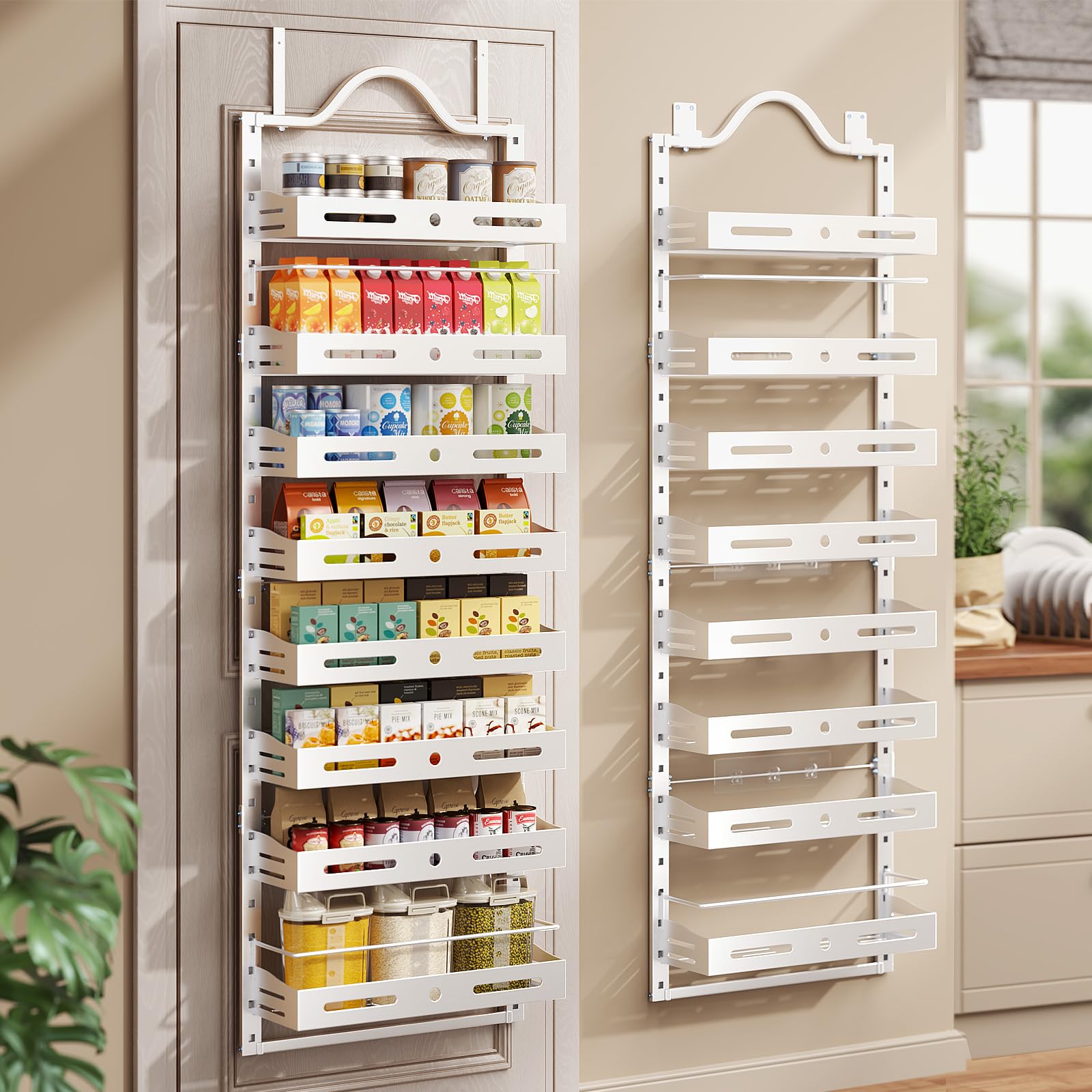 8-Tier Pantry Door Organizer, Over the Door Pantry Organizer with Wooden Adjustable Baskets, 2 IN 1 Spice Rack Wall Mount or Door Organizer, Door Spice Rack for Pantry（72.6×17.1×5.1in,Black)