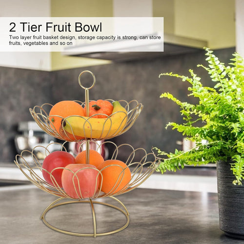 2 Tier Fruit Basket Gold - Fruit Bowl for kitchen counter, Metal Wire Basket, Fruit Stand Holder Detachable for Bread Snacks Vegetable