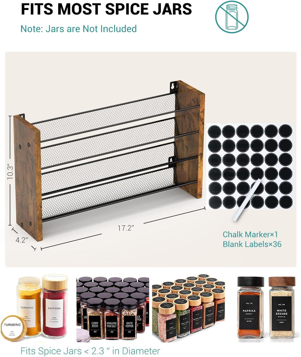 NESAPTO Spice Rack Organizer for Cabinet, Wood 4-Tier Vertical Seasoning Organizer, Wall Mount or Countertop Spice Shelf, Holds 36 Jars (No Jars Included), 17.2" W x 10.3" H