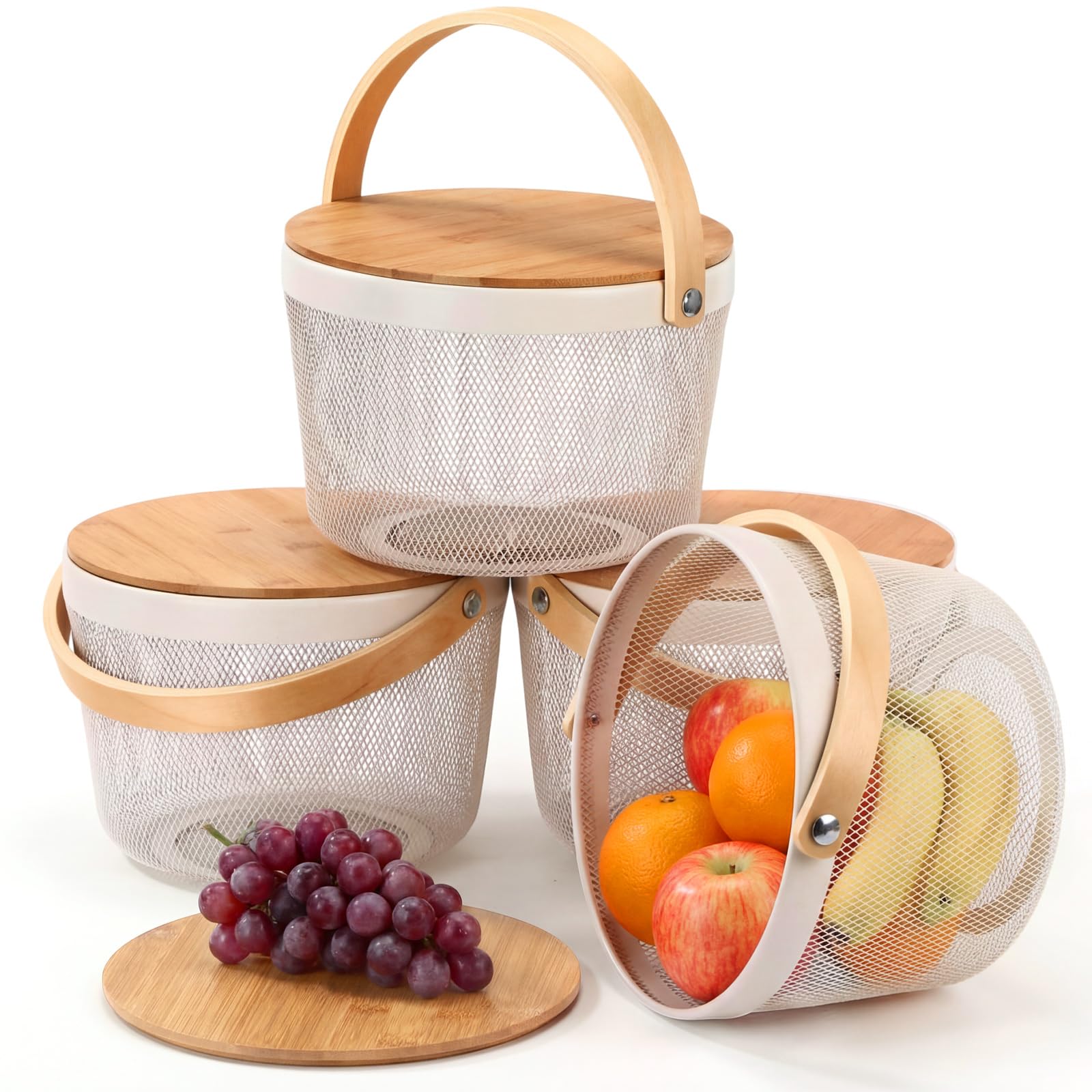 4 Pack Black Mesh Fruit Baskets with Bamboo Lids, Multi-use Kitchen Picnic Storage Organizer