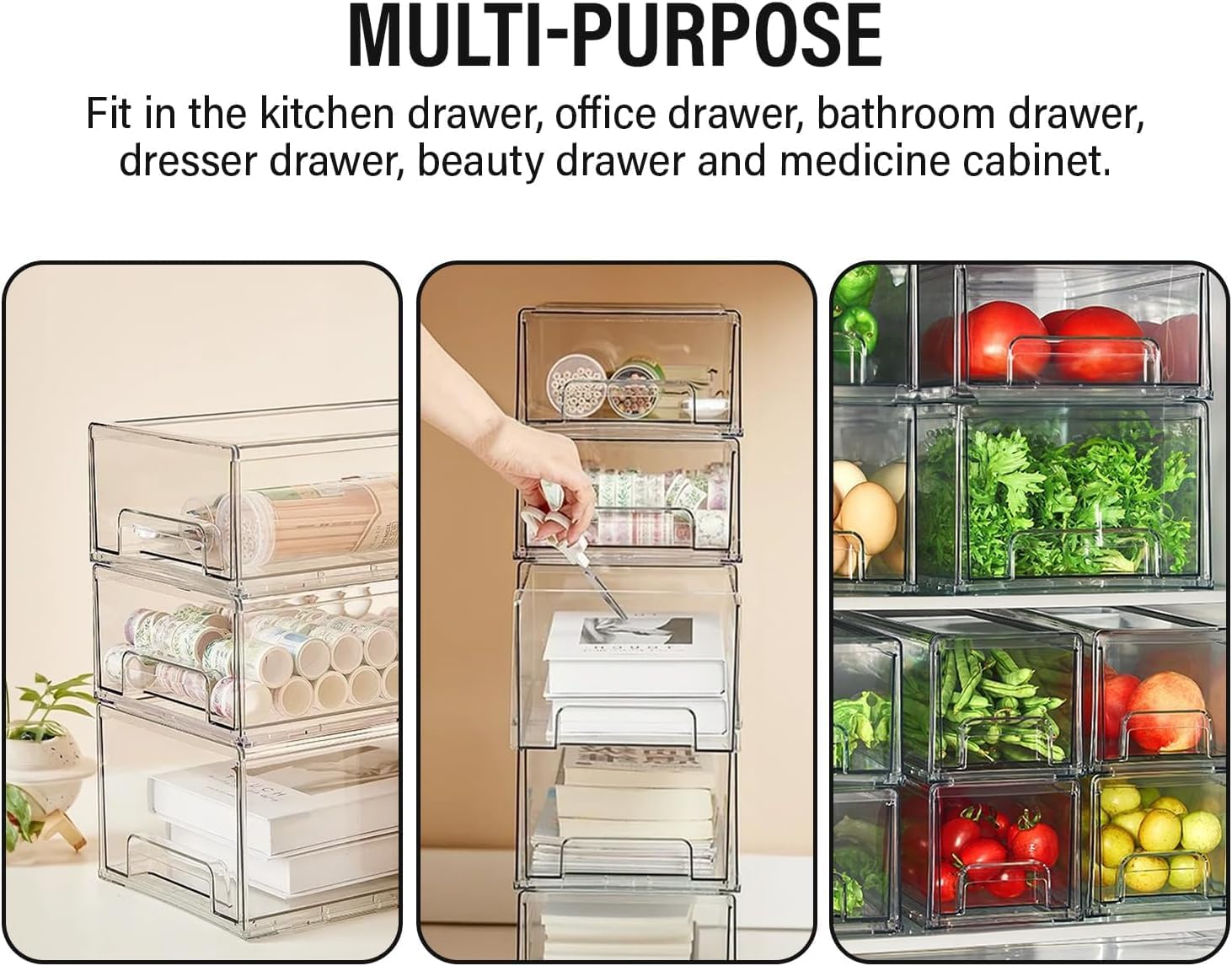Clear Plastic Stackable Storage Drawers Bins, Perfect for Kitchen Pantry Organization and Storage, Under Sink Organizer, Pull Out Cabinet Organizer, Makeup, Bathroom Storage Containers for Organizing