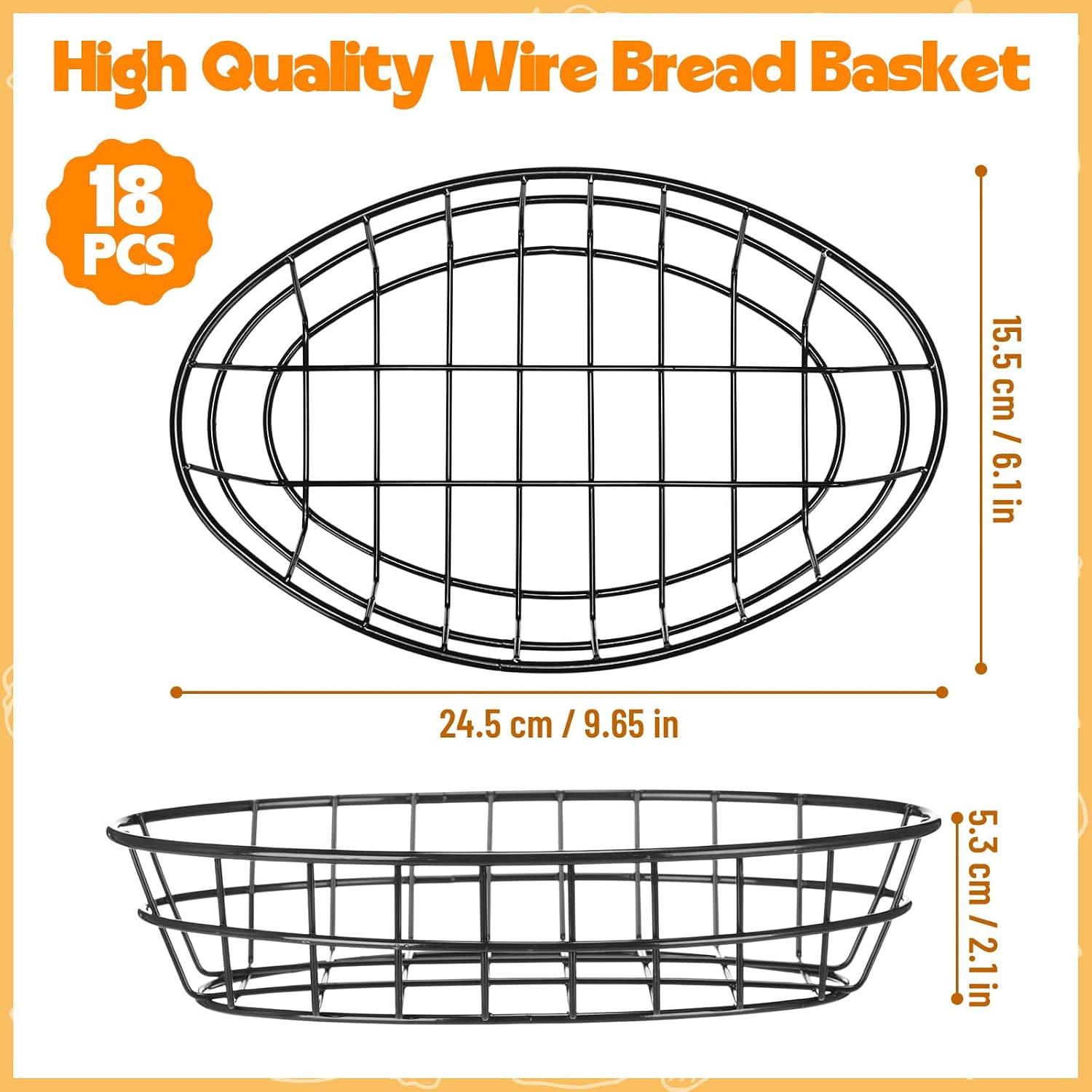 18 Pack Oval Black Wire Serving Baskets with Deli Papers for Kitchen Restaurant Use