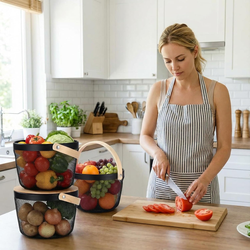 4 Pack Black Mesh Fruit Baskets with Bamboo Lids, Multi-use Kitchen Picnic Storage Organizer