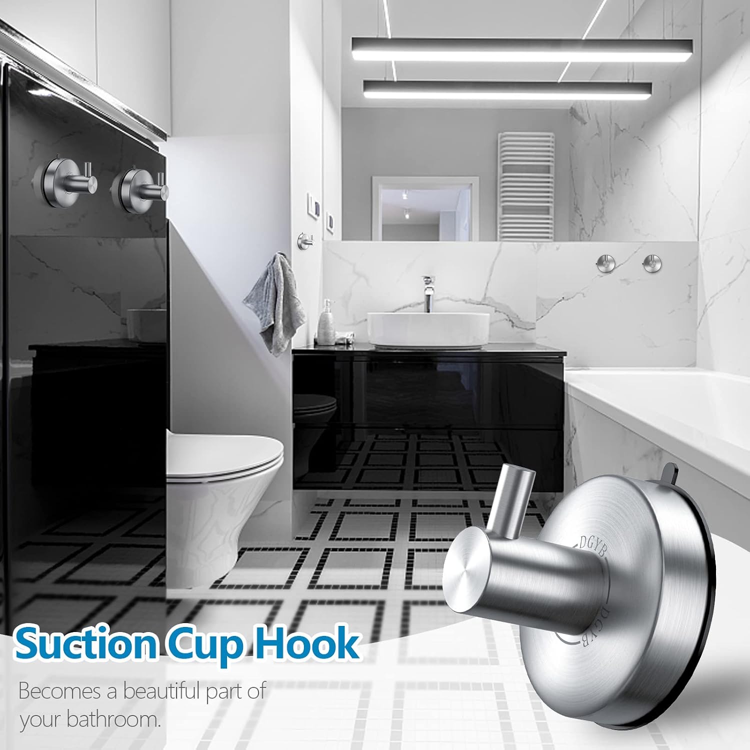 DGYB Set of 2 Suction Cup Hooks for Shower + 17 Inch Brushed Nickel Towel Bar for Bathroom