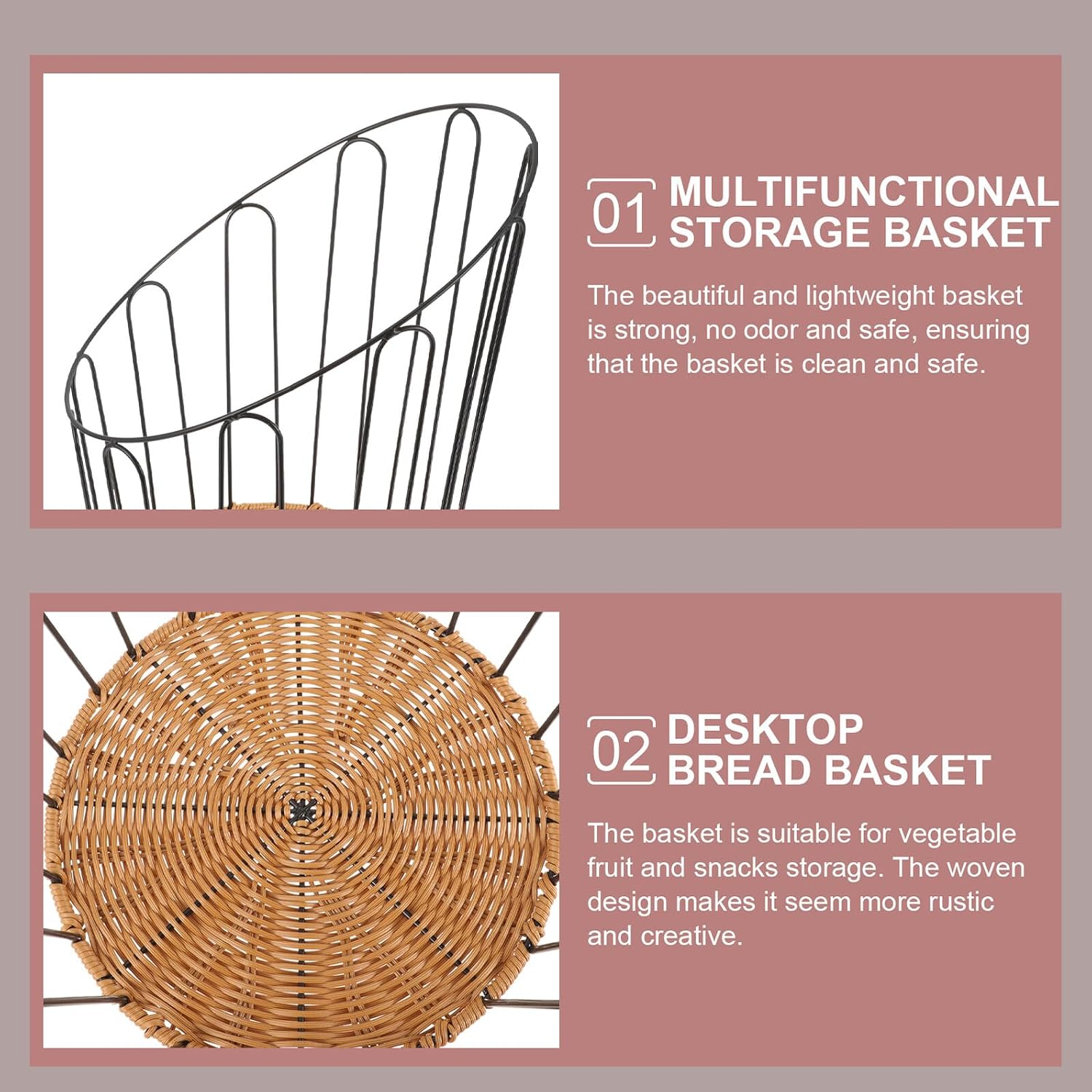 Rustproof Painted Iron Bread Basket with Woven Baguette Design, Small Rustic Bread Serving Basket for Kitchen and Office Storage, Home Bakery Display Tray