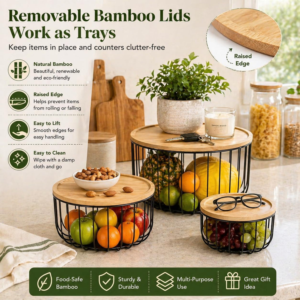 3PCS Metal Fruit Basket for Kitchen Counter Stackable Nesting Serving Trays with Bamboo Lids - Round Wire Vegetable Storage Bowls for Onions Potatoes Breads Snacks