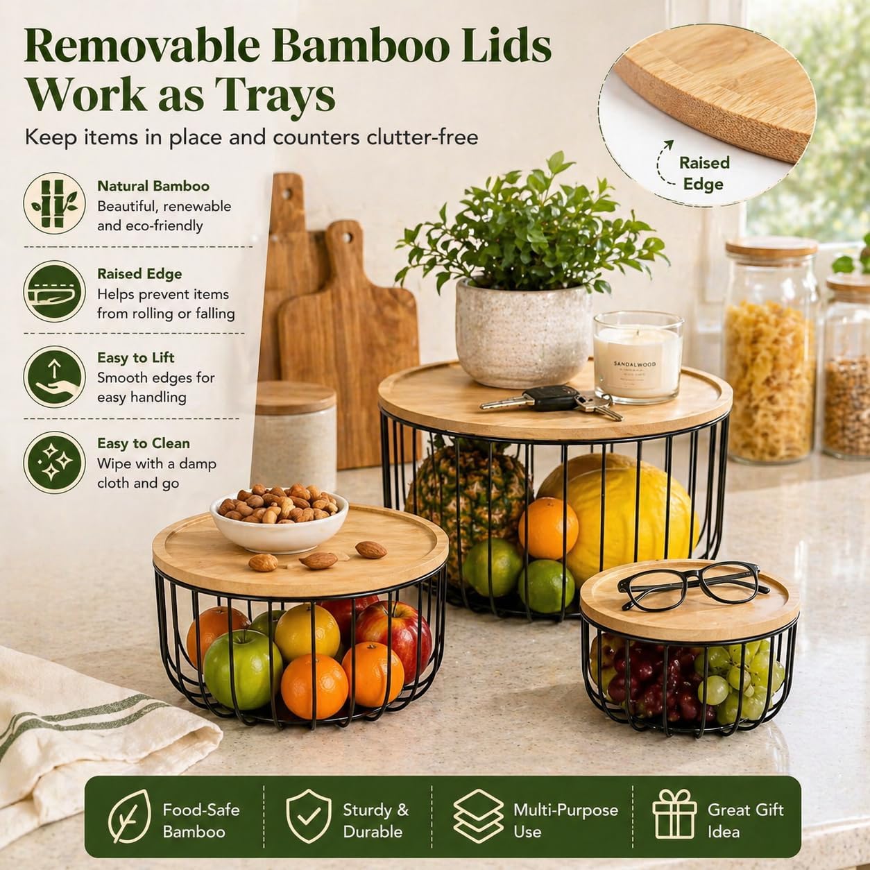 3PCS Metal Fruit Basket for Kitchen Counter Stackable Nesting Serving Trays with Bamboo Lids - Round Wire Vegetable Storage Bowls for Onions Potatoes Breads Snacks