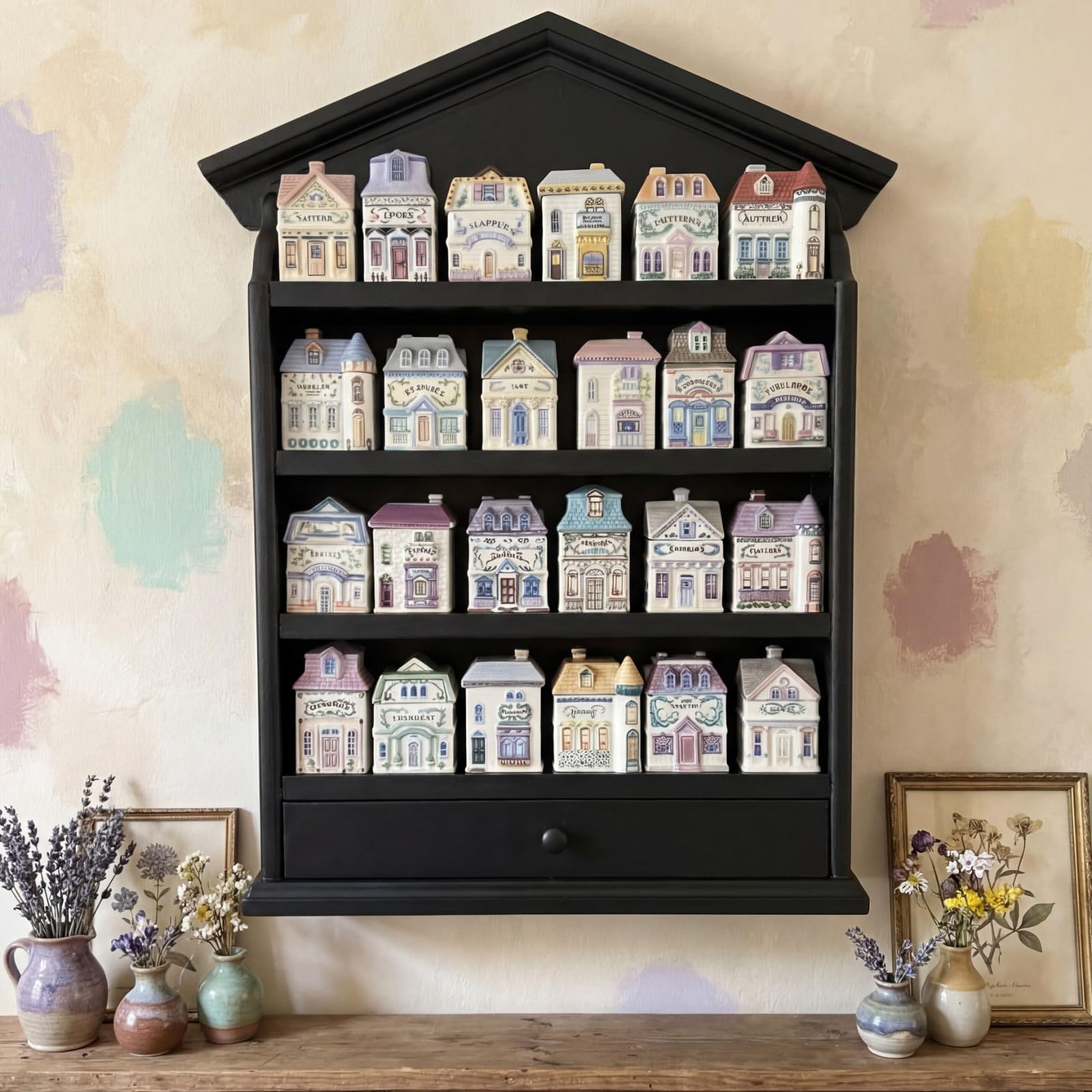 Chunful Vintage Spice Jar Wooden Rack with 4 Tier Hanging Spice Rack Wall Mounting Kitchen Storage Village Style Display Shelf for 24 Jar, Christmas Wedding Bridal Gift, Shelf Only(Stylish)