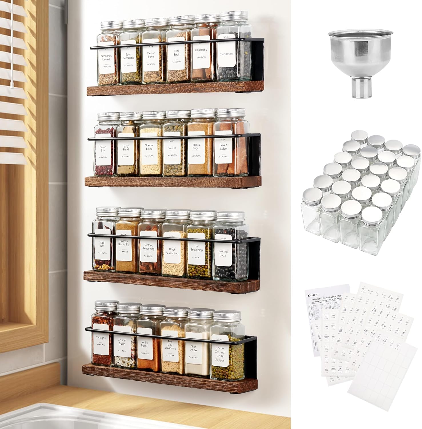 Wooden Lid Magnetic Spice Rack with 24 Jars, 216 Labels, 1 Steel Funnel for Refrigerator，Microwave Oven - Full Set of Spice Organizer