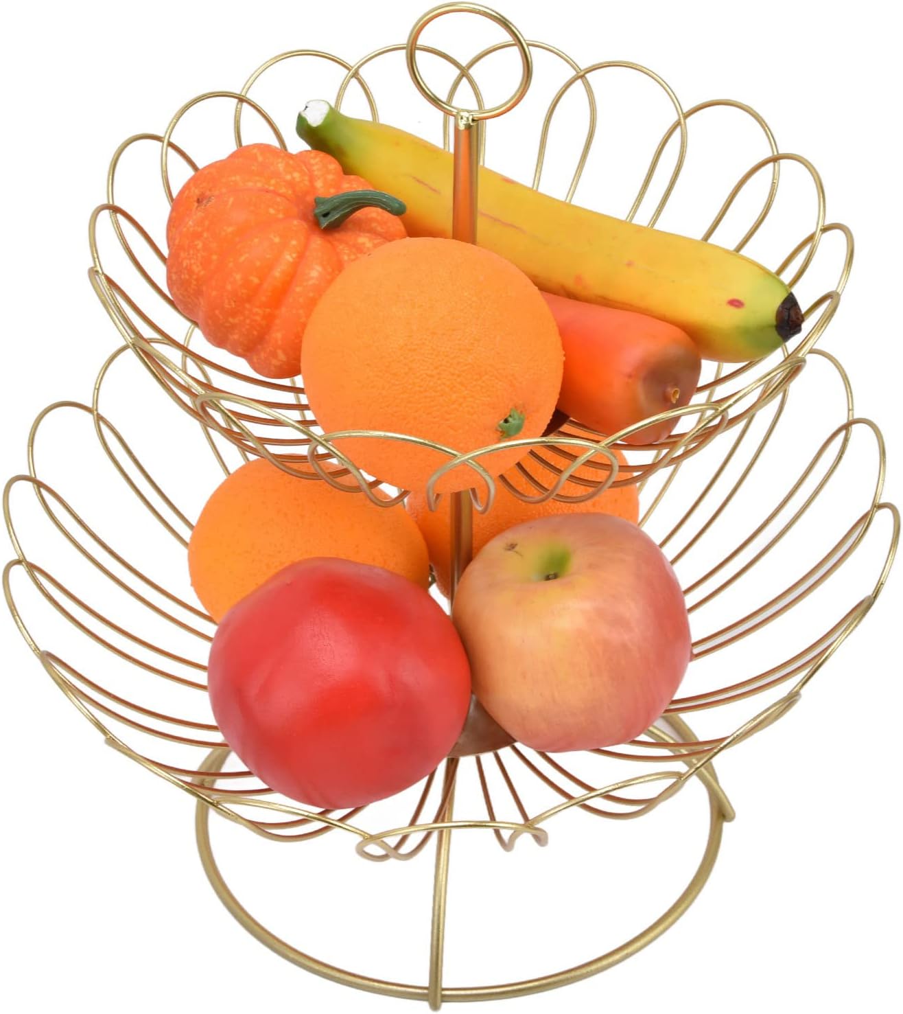 2 Tier Fruit Basket Gold - Fruit Bowl for kitchen counter, Metal Wire Basket, Fruit Stand Holder Detachable for Bread Snacks Vegetable