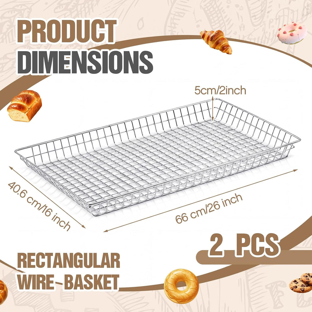 LemonRoad 2 Pcs 16" x 26" Rectangular Wire Basket Wire Pastry Doughnut Basket Tray Nickel Plated Large Serving Tray for Bakeries Cafes Food Trucks Display Bagels Pastries Bread and Fruits