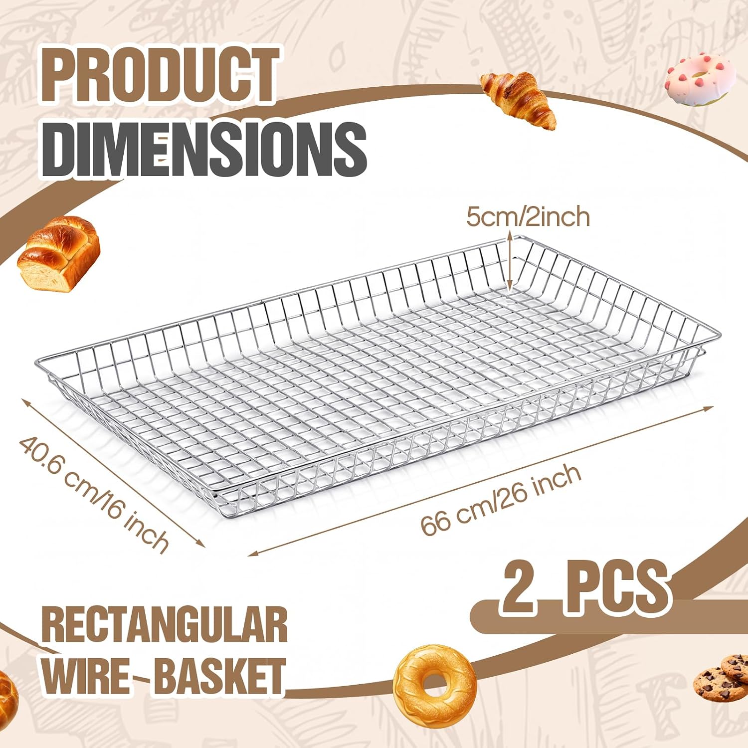 LemonRoad 2 Pcs 16" x 26" Rectangular Wire Basket Wire Pastry Doughnut Basket Tray Nickel Plated Large Serving Tray for Bakeries Cafes Food Trucks Display Bagels Pastries Bread and Fruits