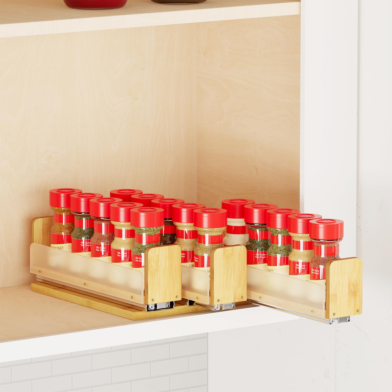 SpaceAid Bamboo Pull Out Spice Rack Organizer for Cabinet, Heavy Duty Slide Out Seasoning Kitchen Pantry Sliding Vertical Organization, 7.6" Wide, 3 Drawers(2" Wide), 2-Tier, Natural
