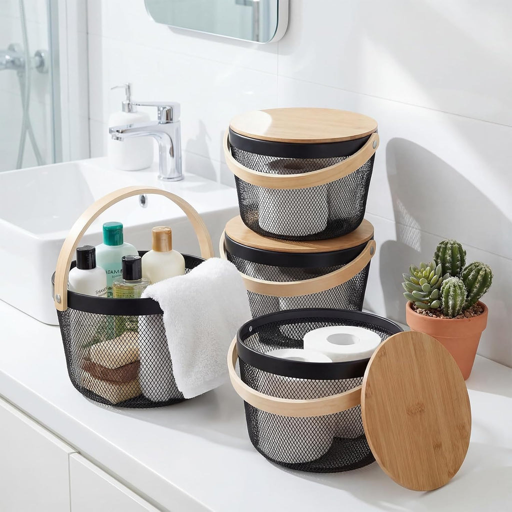 4 Pack Black Mesh Fruit Baskets with Bamboo Lids, Multi-use Kitchen Picnic Storage Organizer